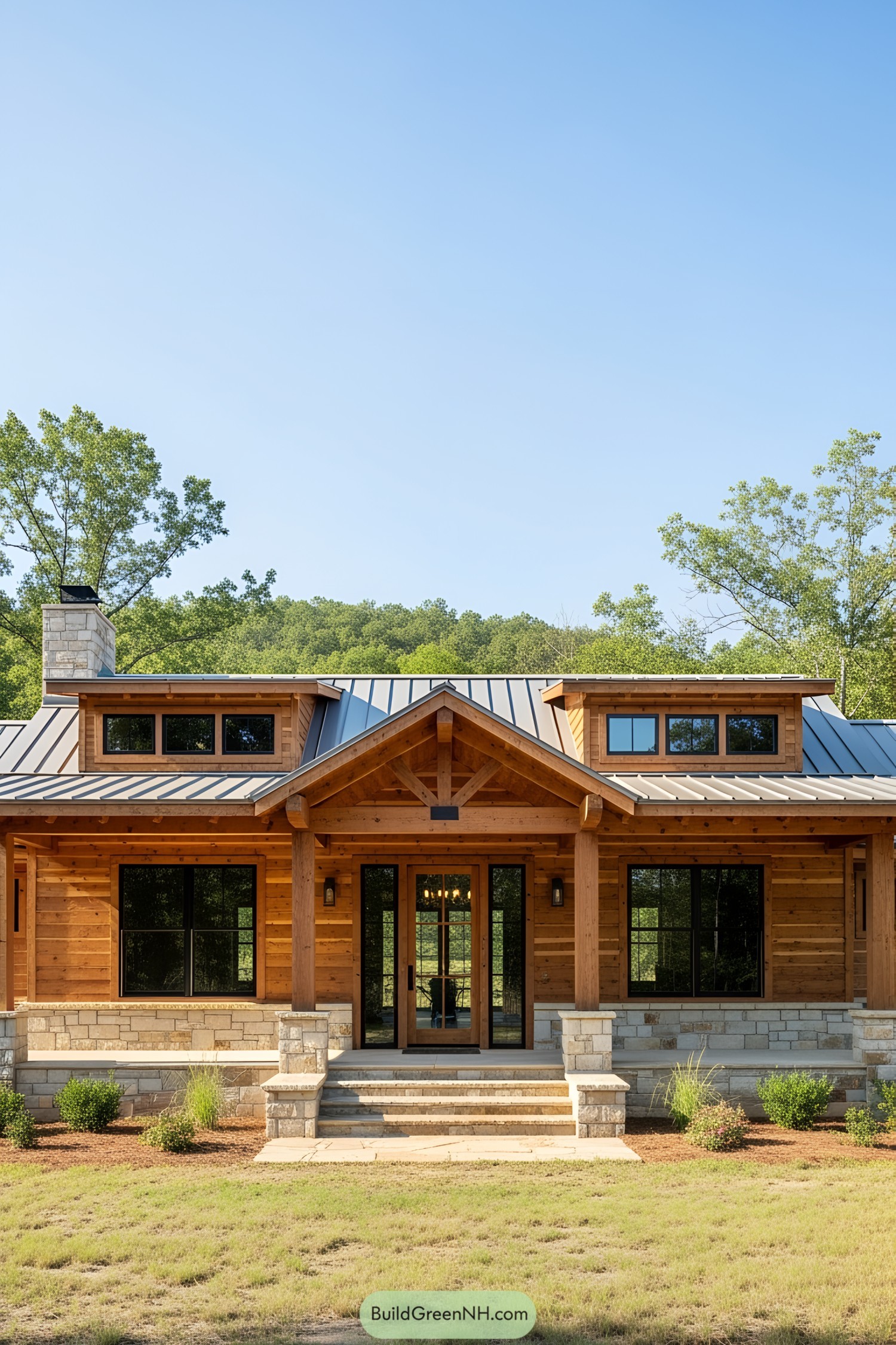 Wooden house with large windows set in a lush landscape