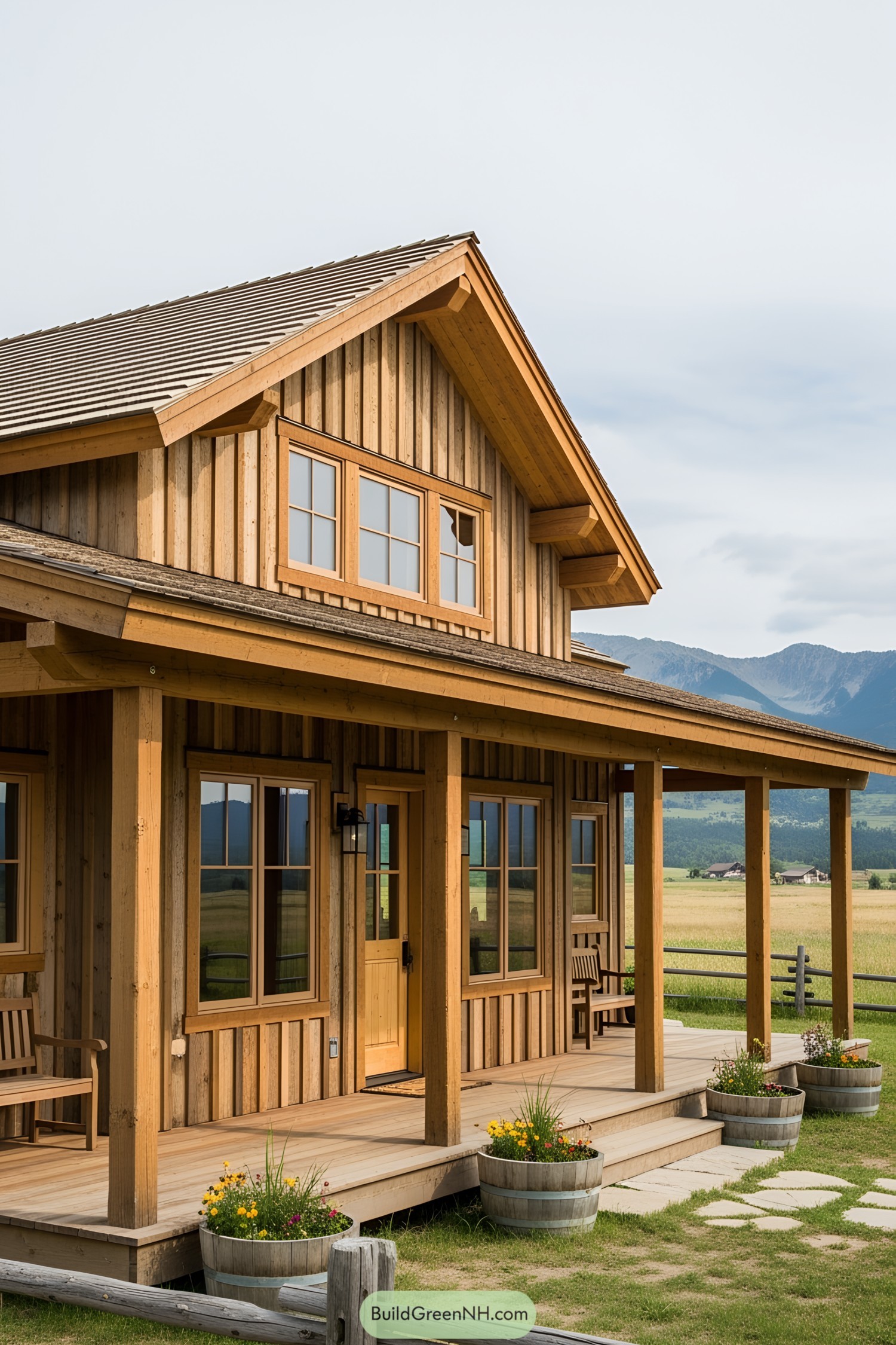 Wooden ranch house with mountain view