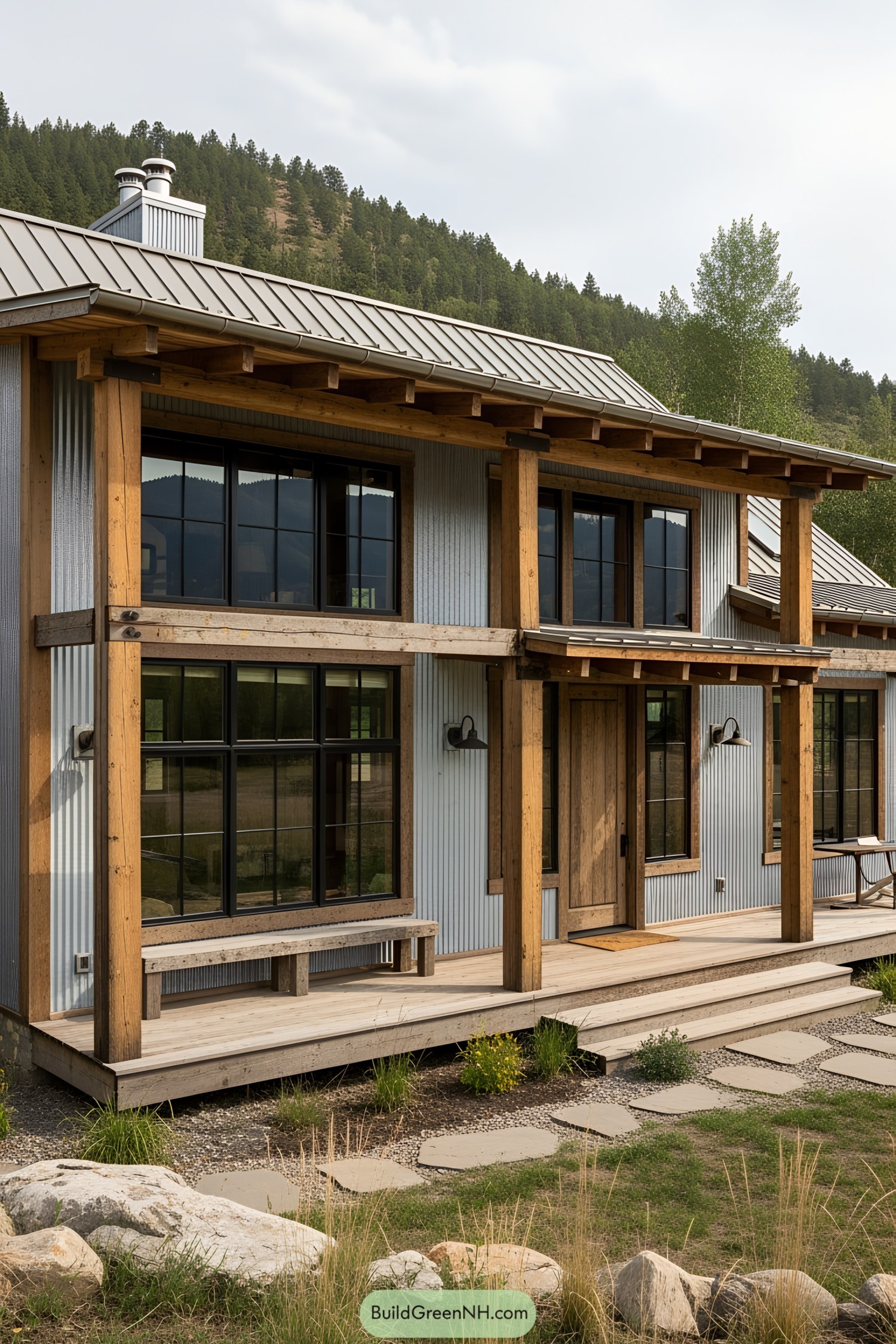 Compact ranch house with large windows and wooden accents