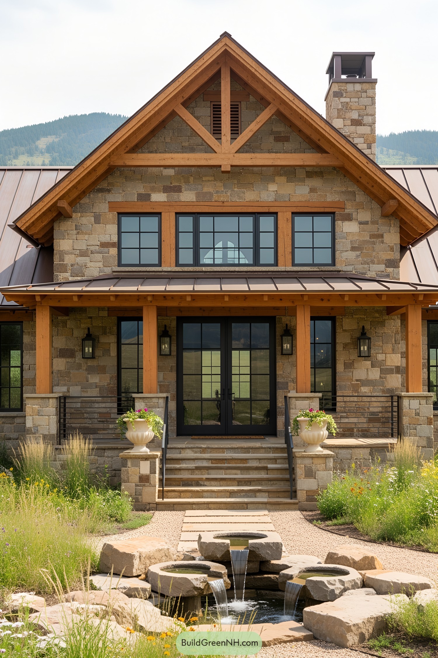 Stone ranch house with wooden beams and mountain views