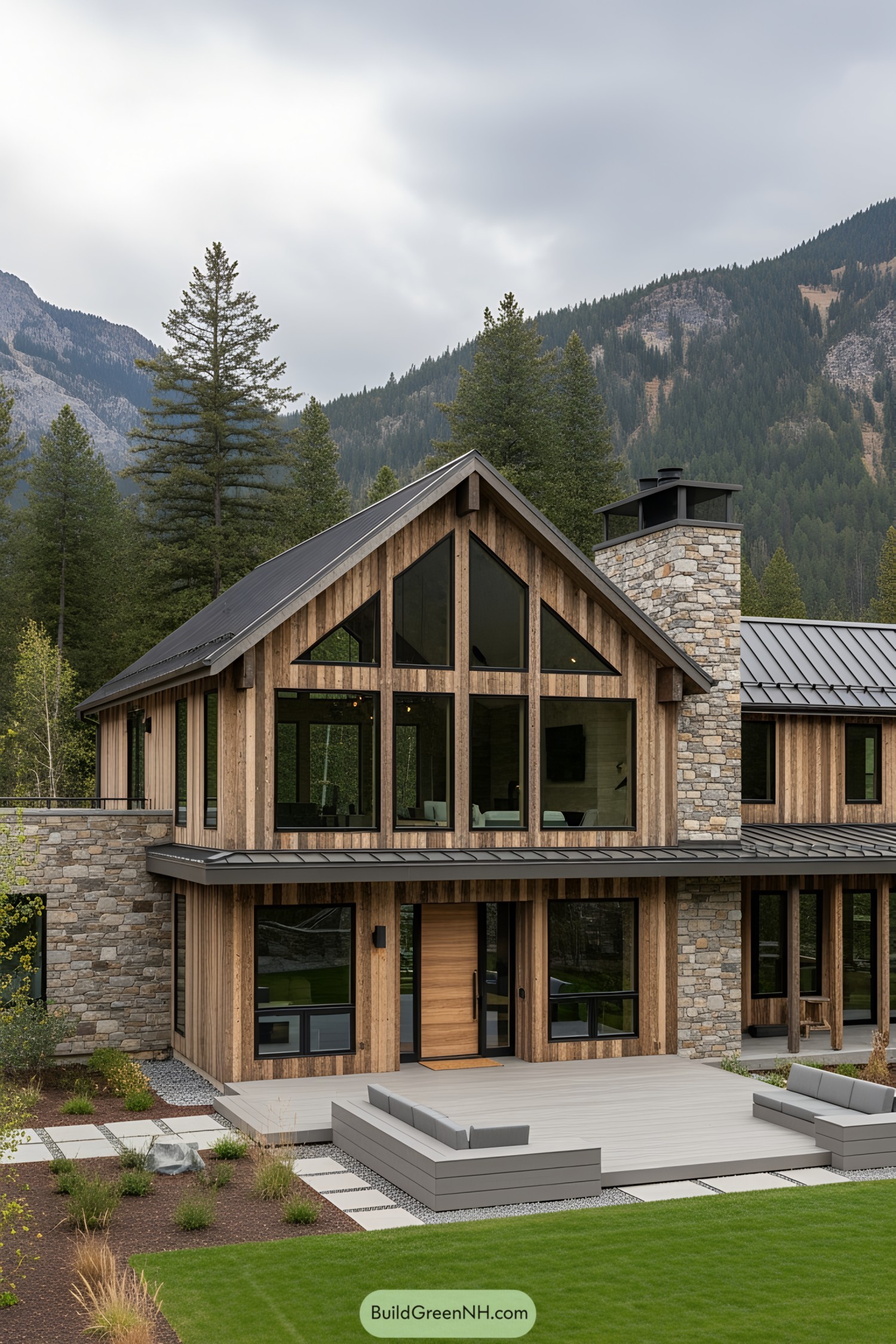 Modern wooden and stone ranch house with large windows and mountain backdrop