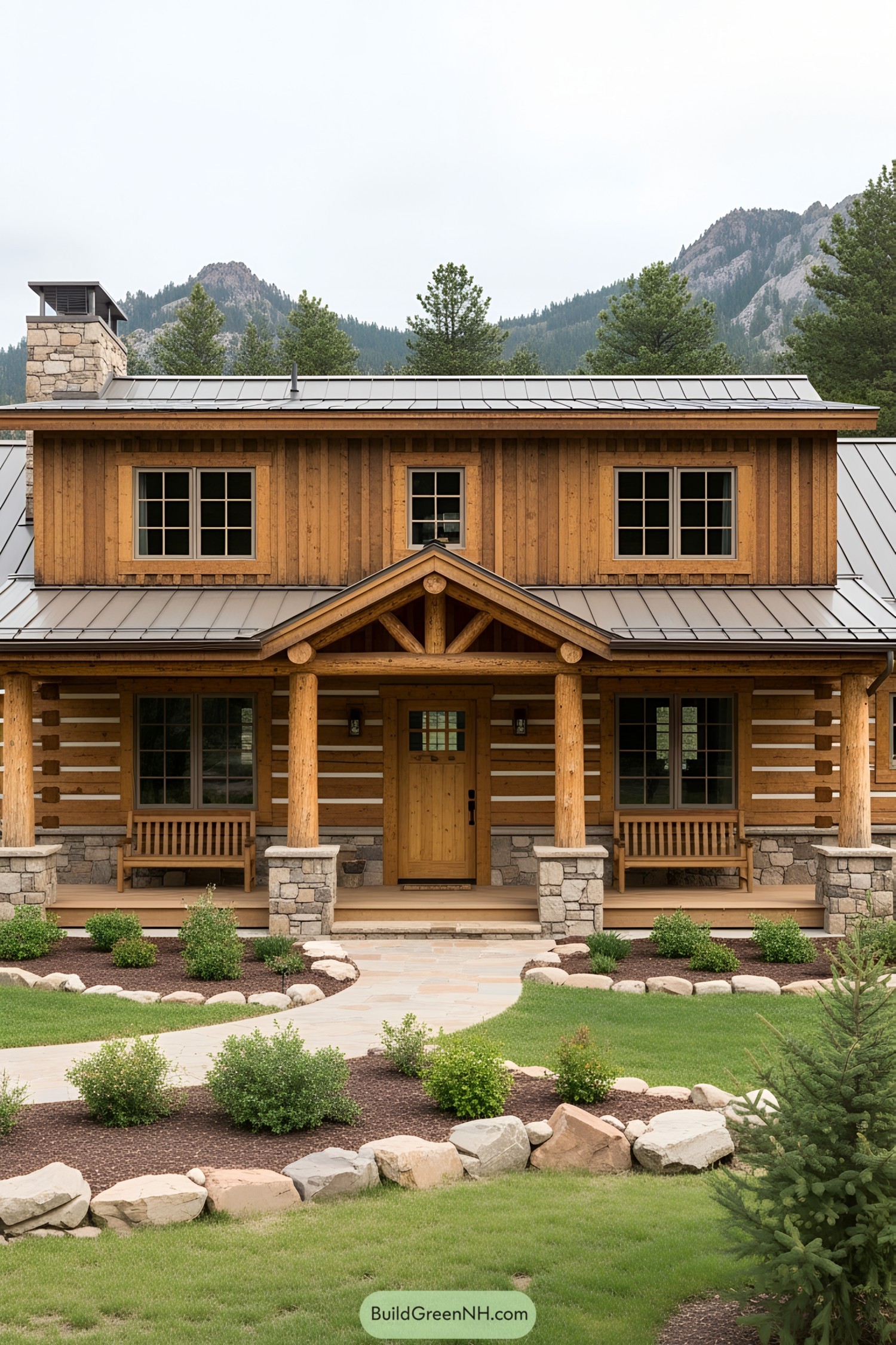 Mountain ranch house with a wooden porch and stone chimney