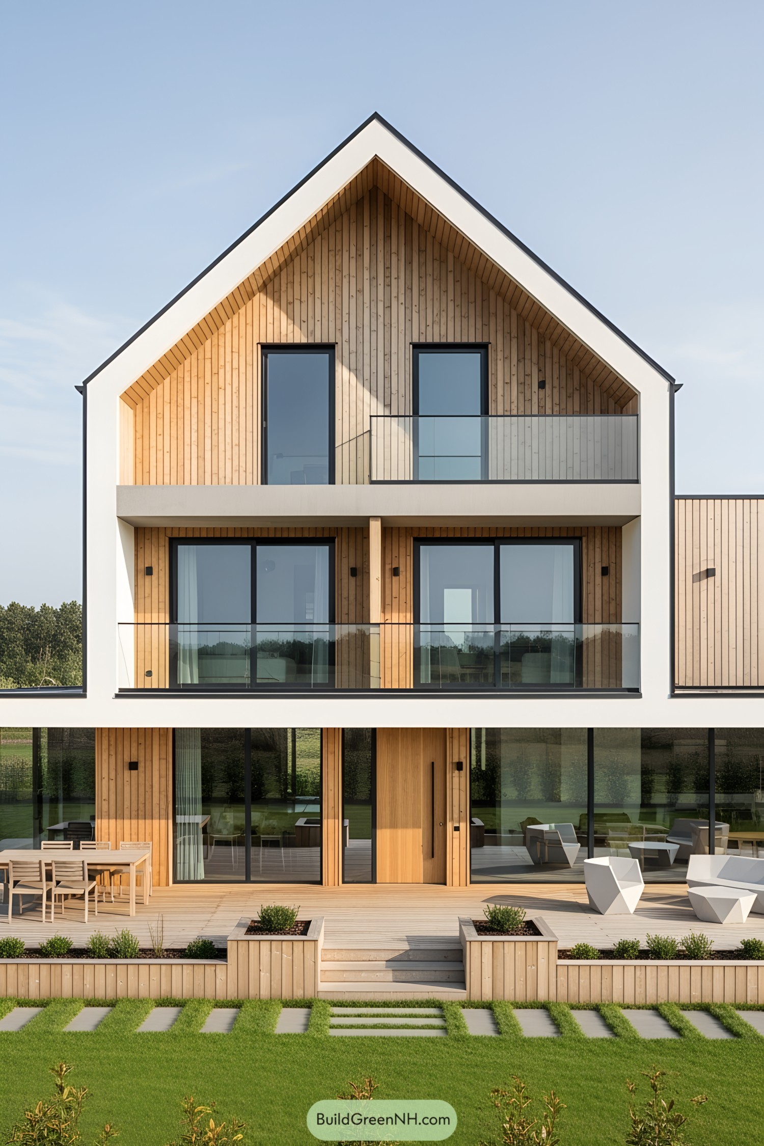 A modern house with wooden accents and a wide porch