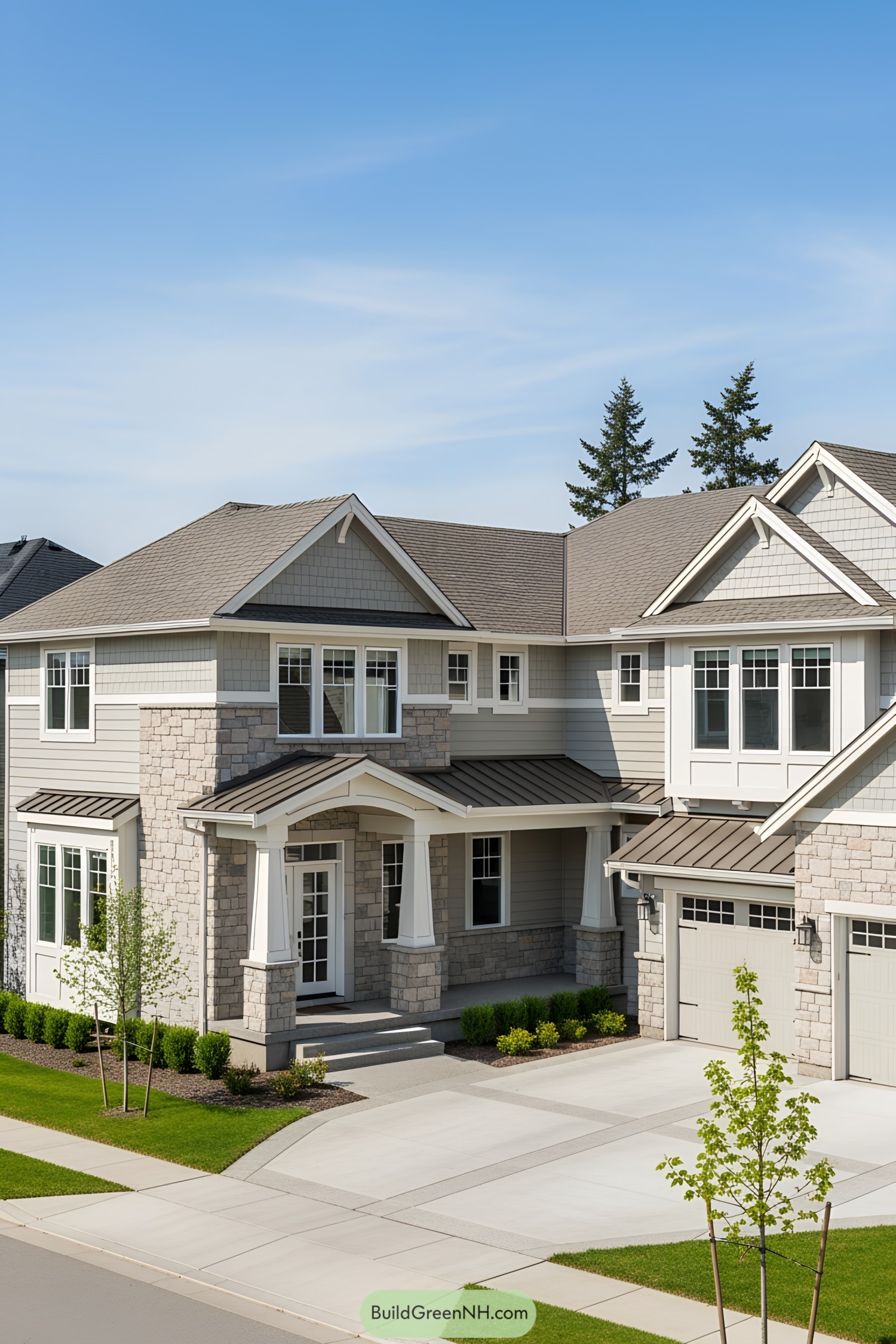 Large suburban house with two-car garage and porch