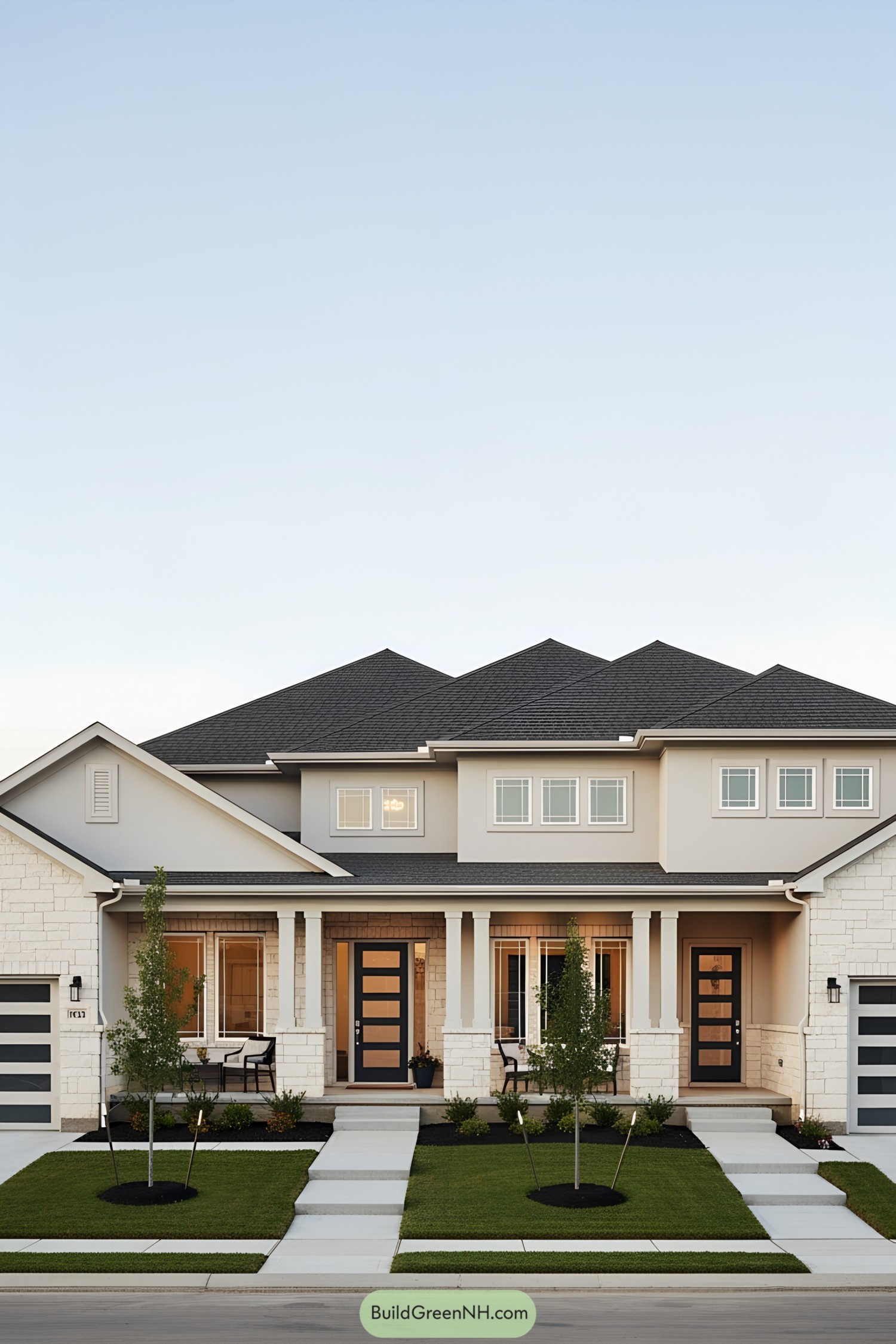 Two-story modern house with symmetrical design and front porch