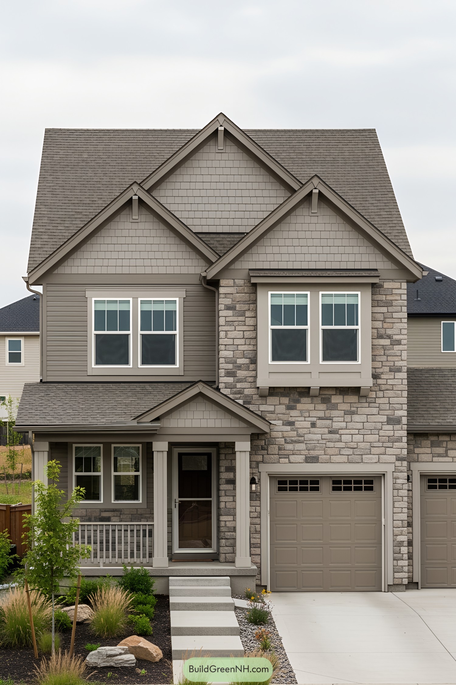 Two-story taupe house with stone accents