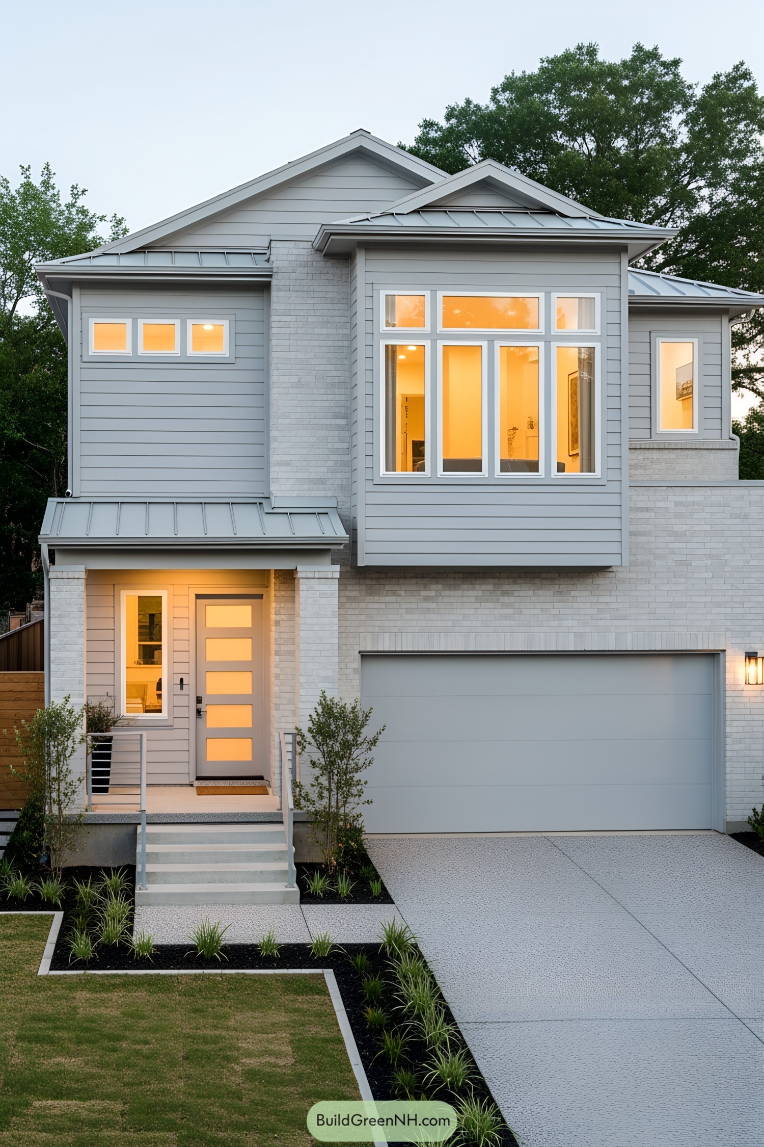 Contemporary two-story house with large windows