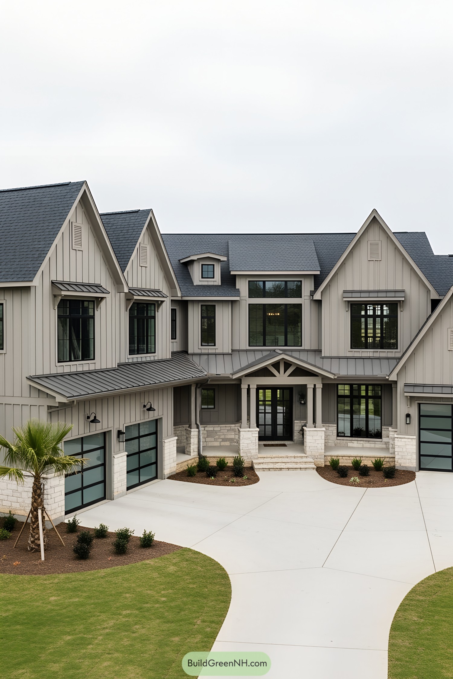 Large gray multigenerational house with gabled roofline
