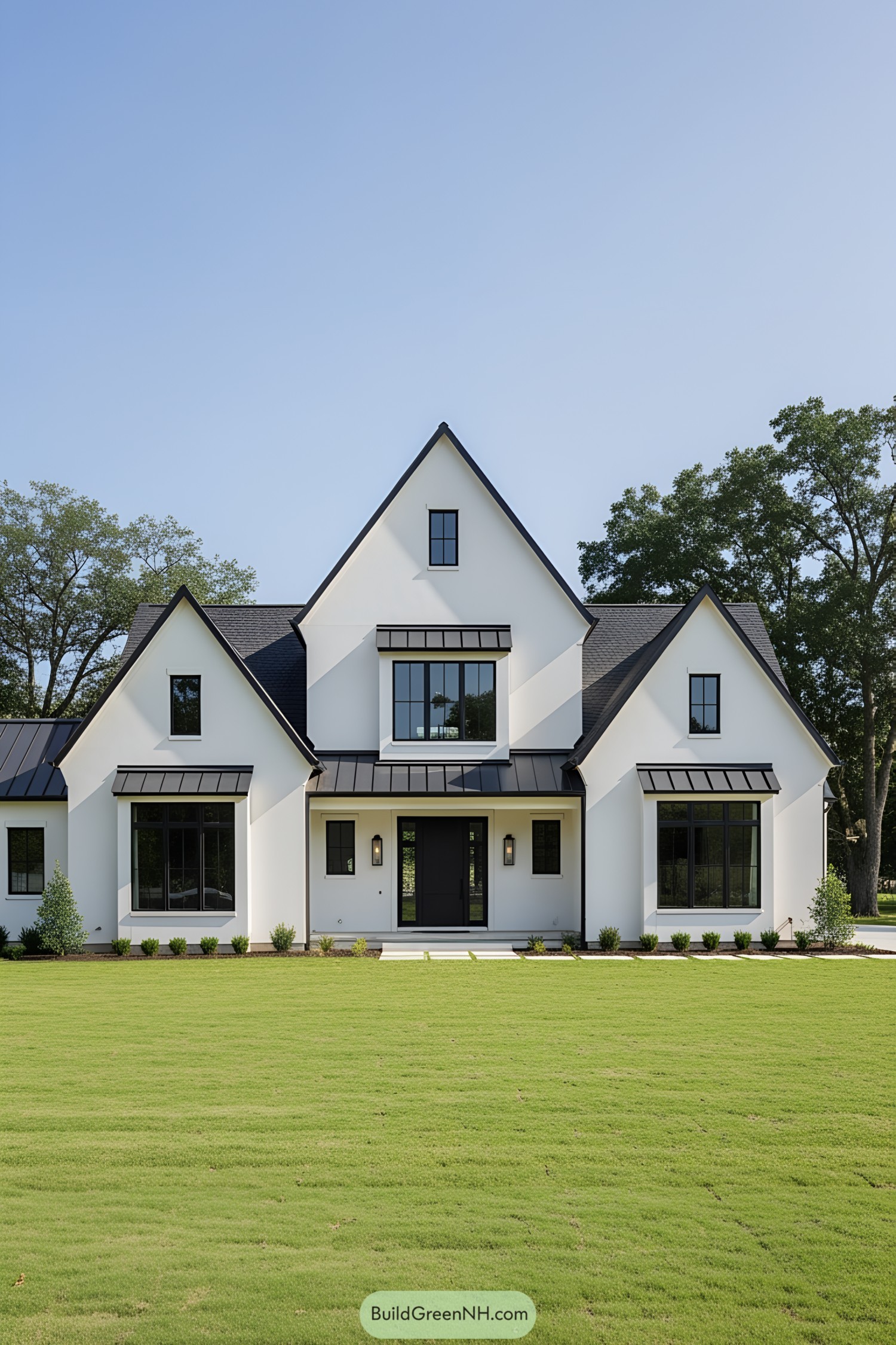 Large modern house with steep gable roof and spacious lawn