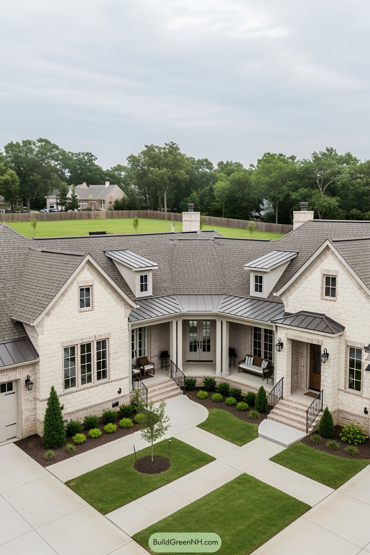 Inviting porch of a spacious brick home