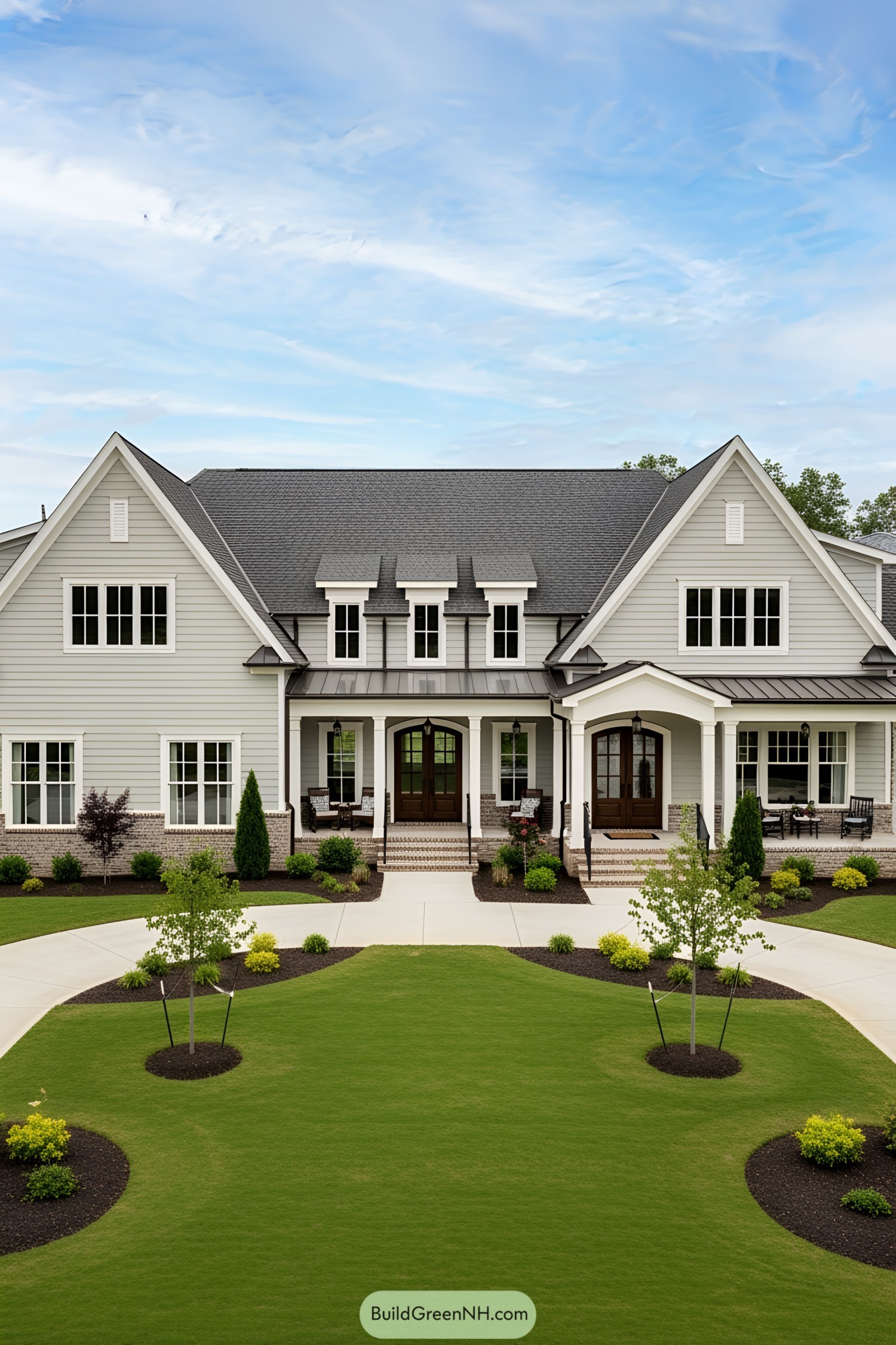 Elegant house with manicured lawns and a grey roof