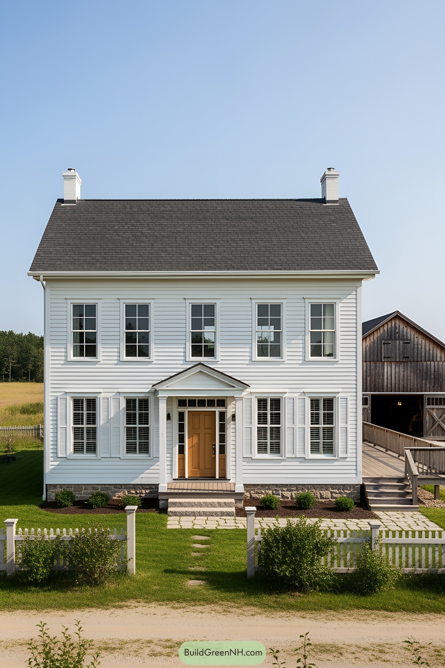 White farmhouse with a welcoming wooden door