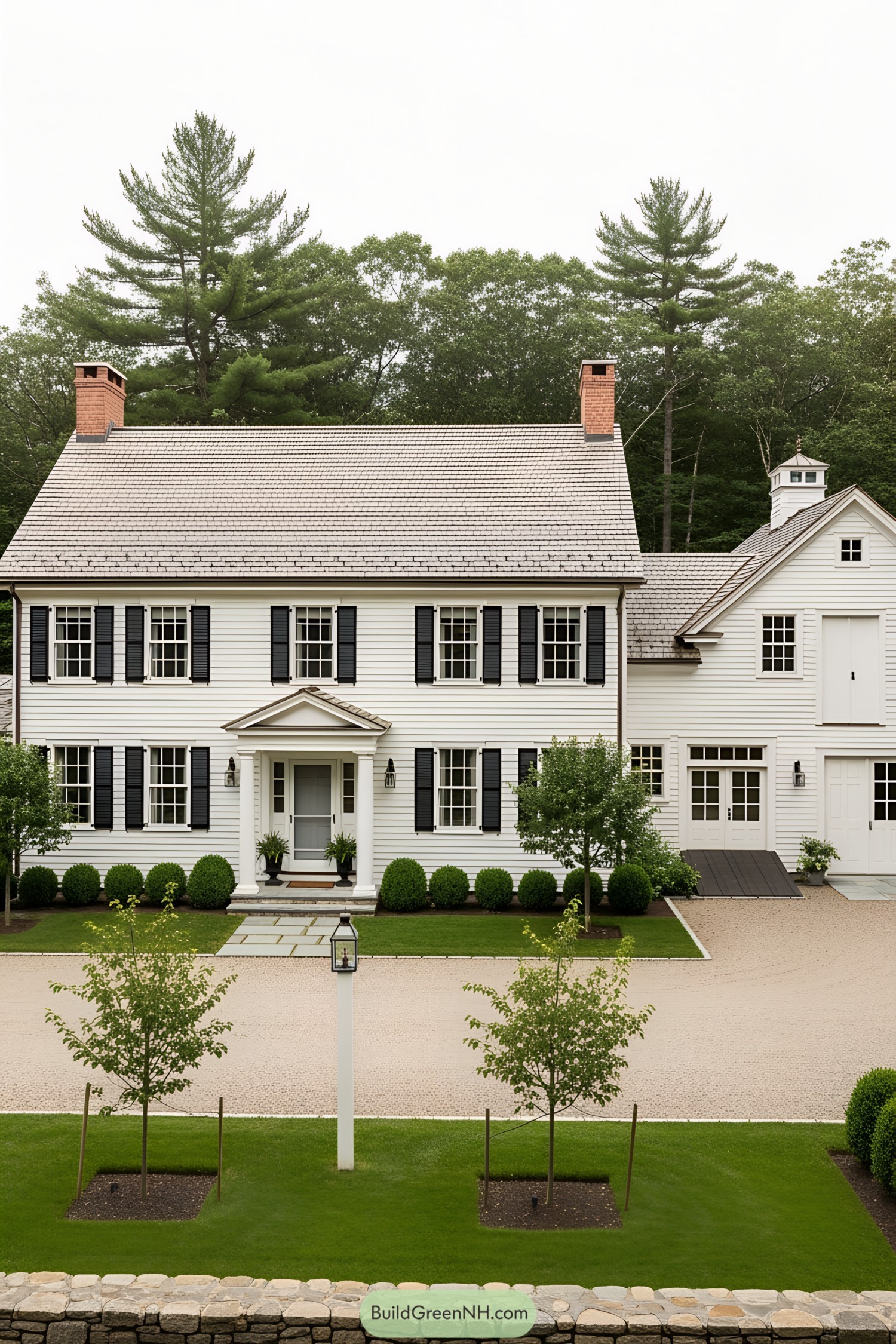 White farmhouse with dark shutters and classic charm