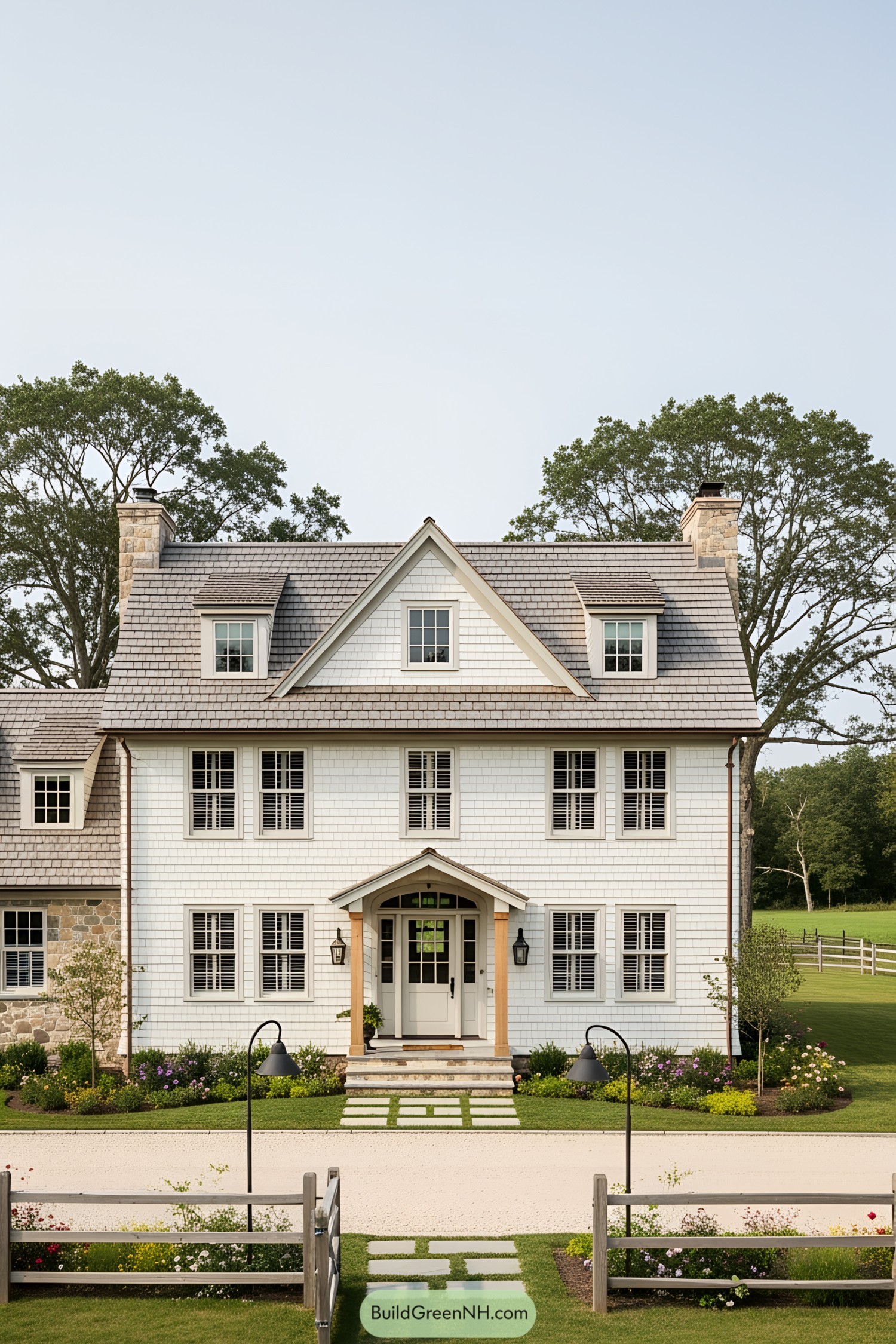 Charming New England farmhouse with stone chimneys and classic design