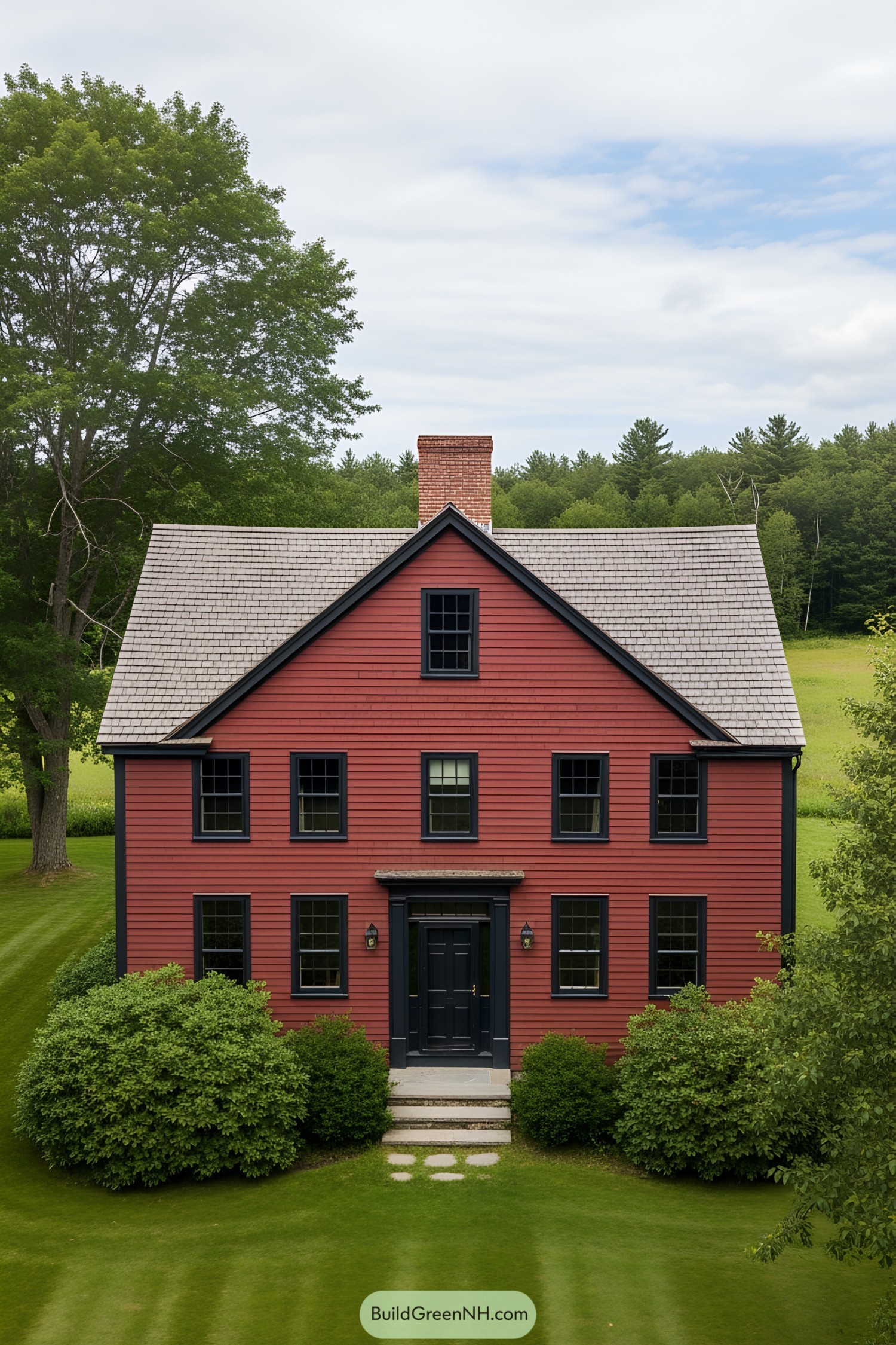 Red farmhouse with black trim and lush green surroundings