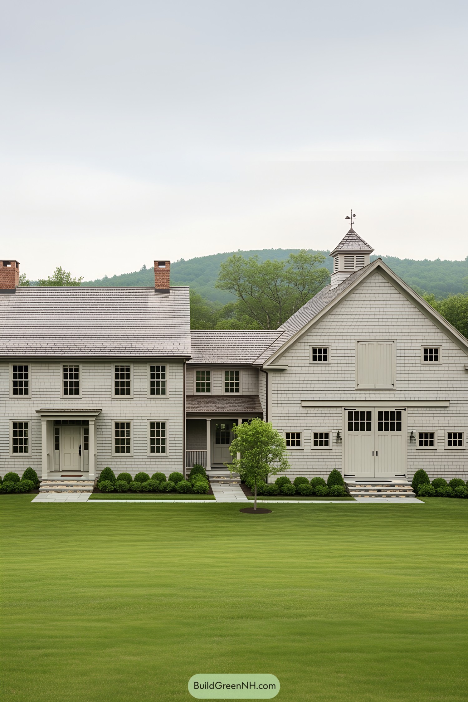 Classic farmhouse with shingle siding and lush lawn