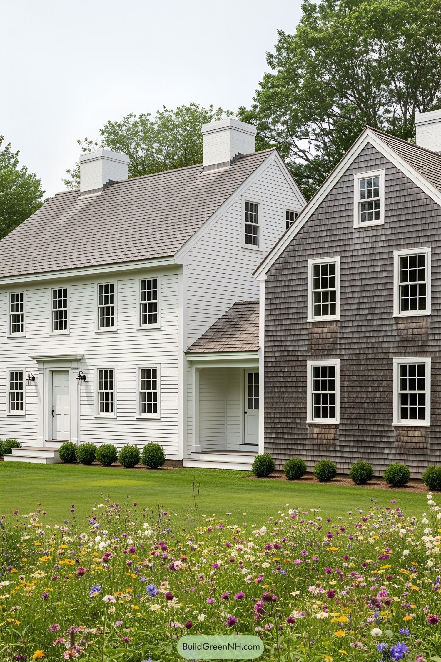 Traditional farmhouse with a field of wildflowers