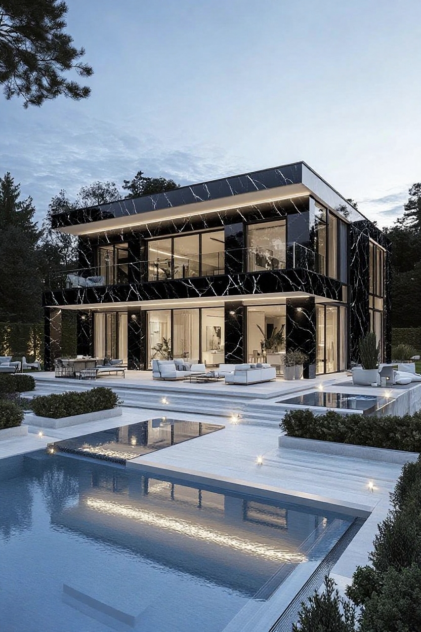 change house siding to black marble with white veins