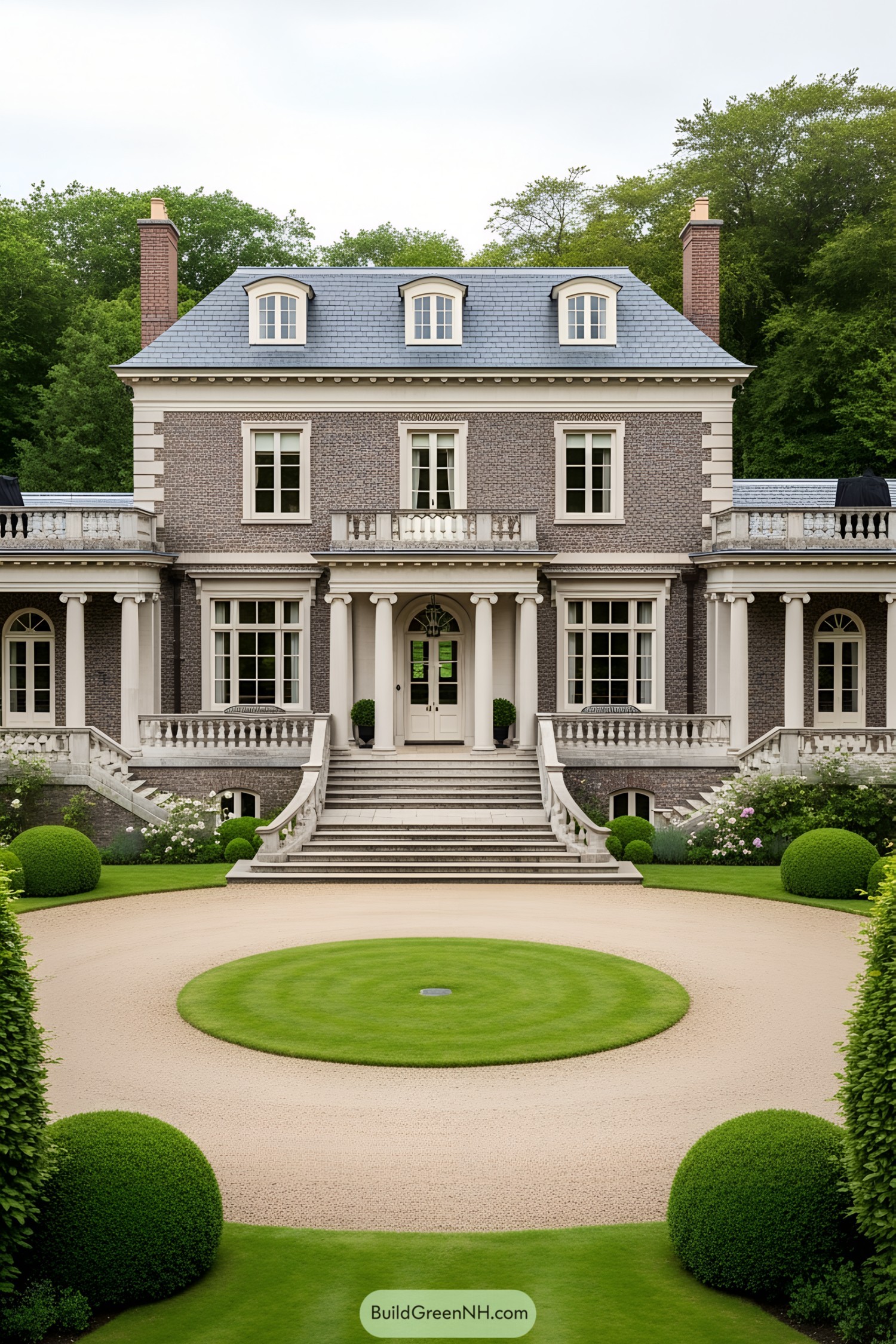 Elegant old-world mansion with landscaped front