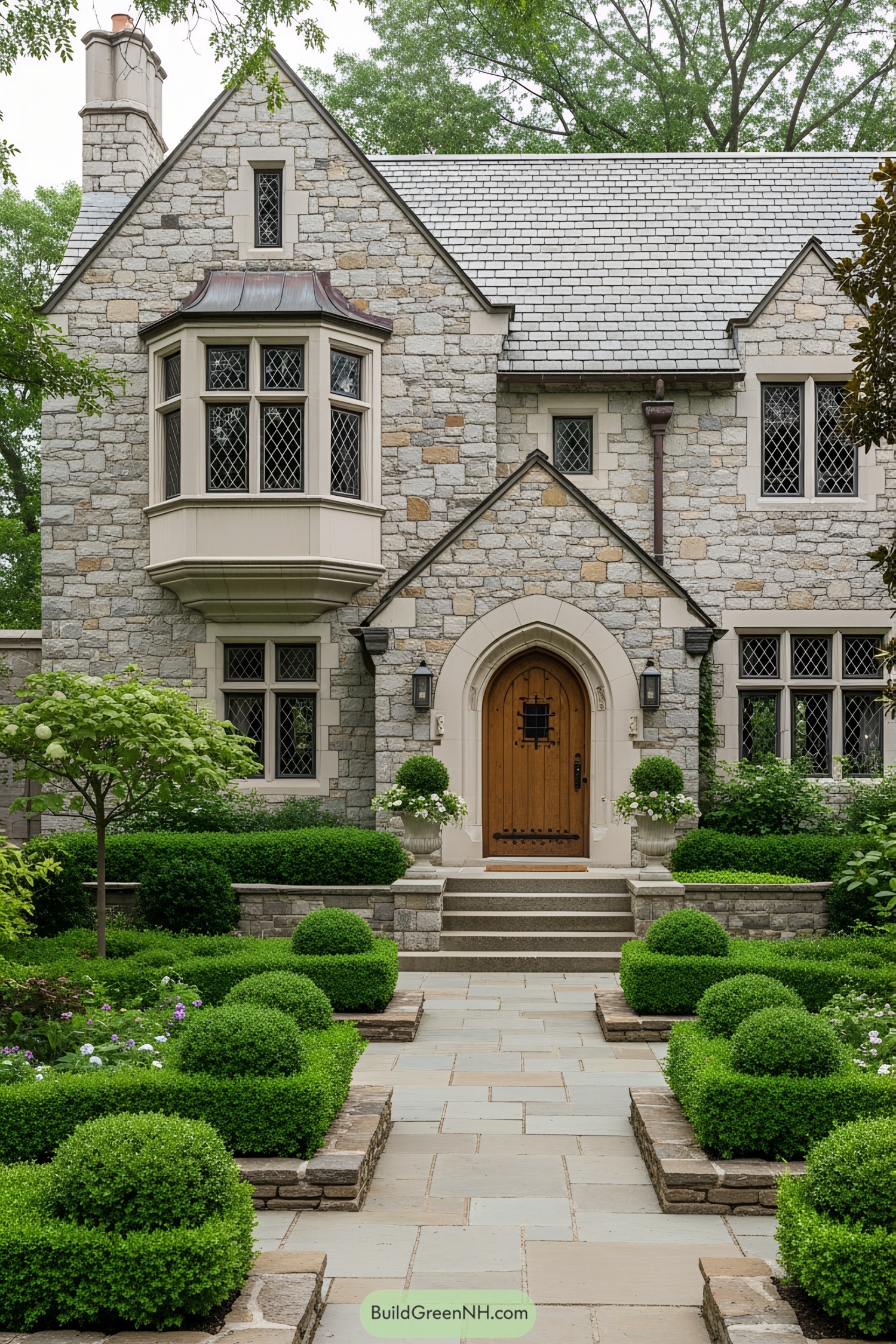Cottage with stone facade and lush garden