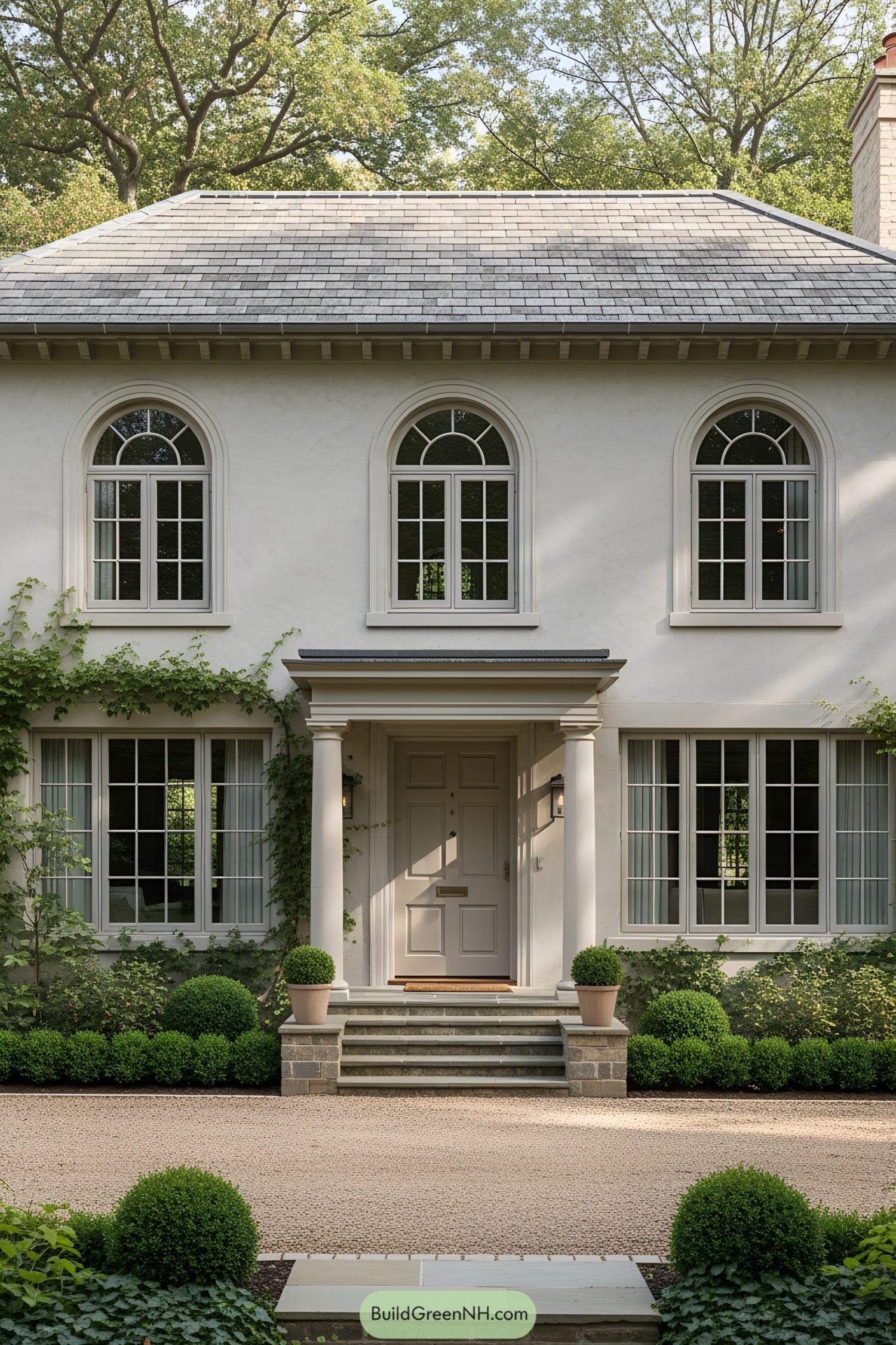 Vintage-style cottage with arched windows and lush greenery