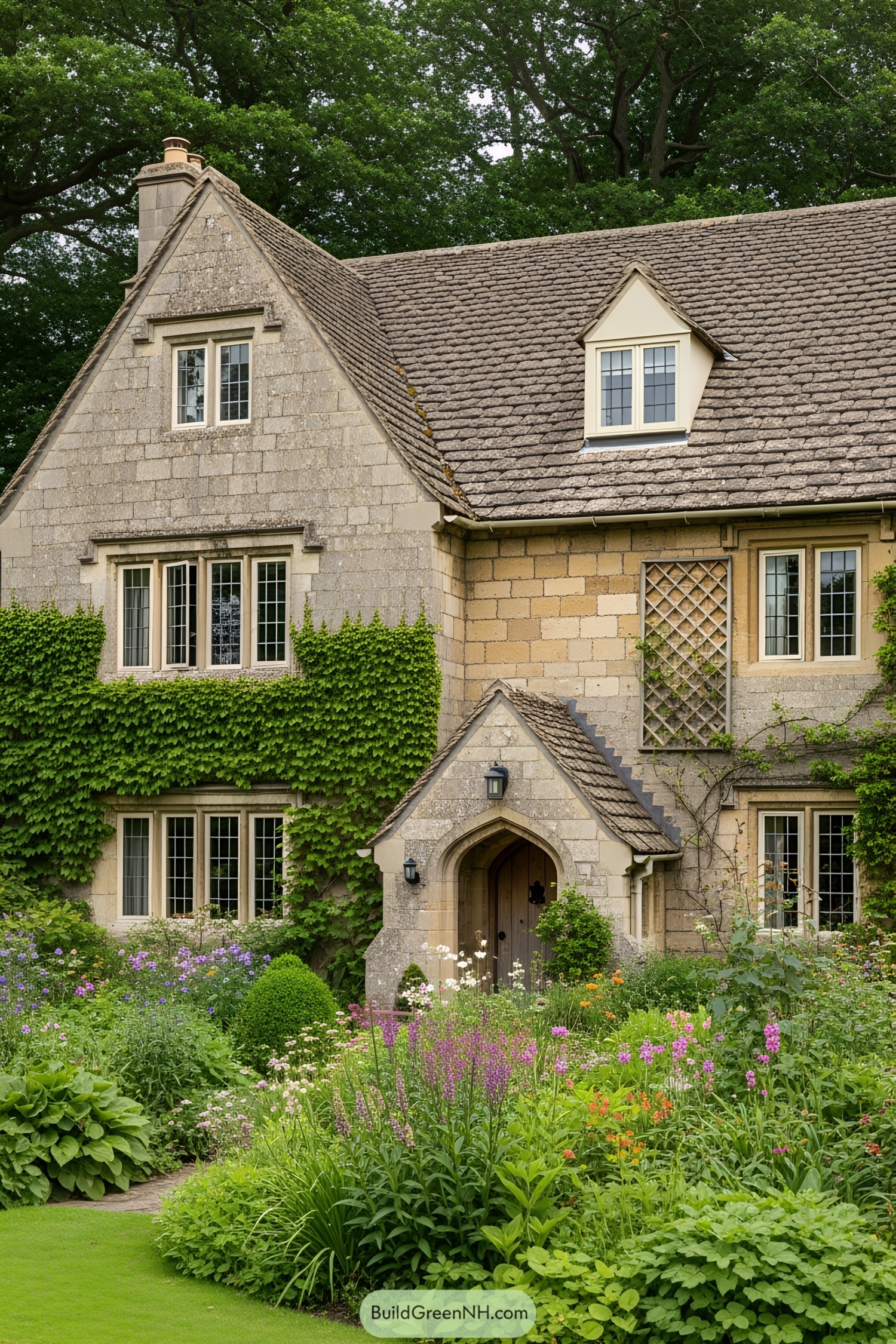 Stone cottage with lush garden