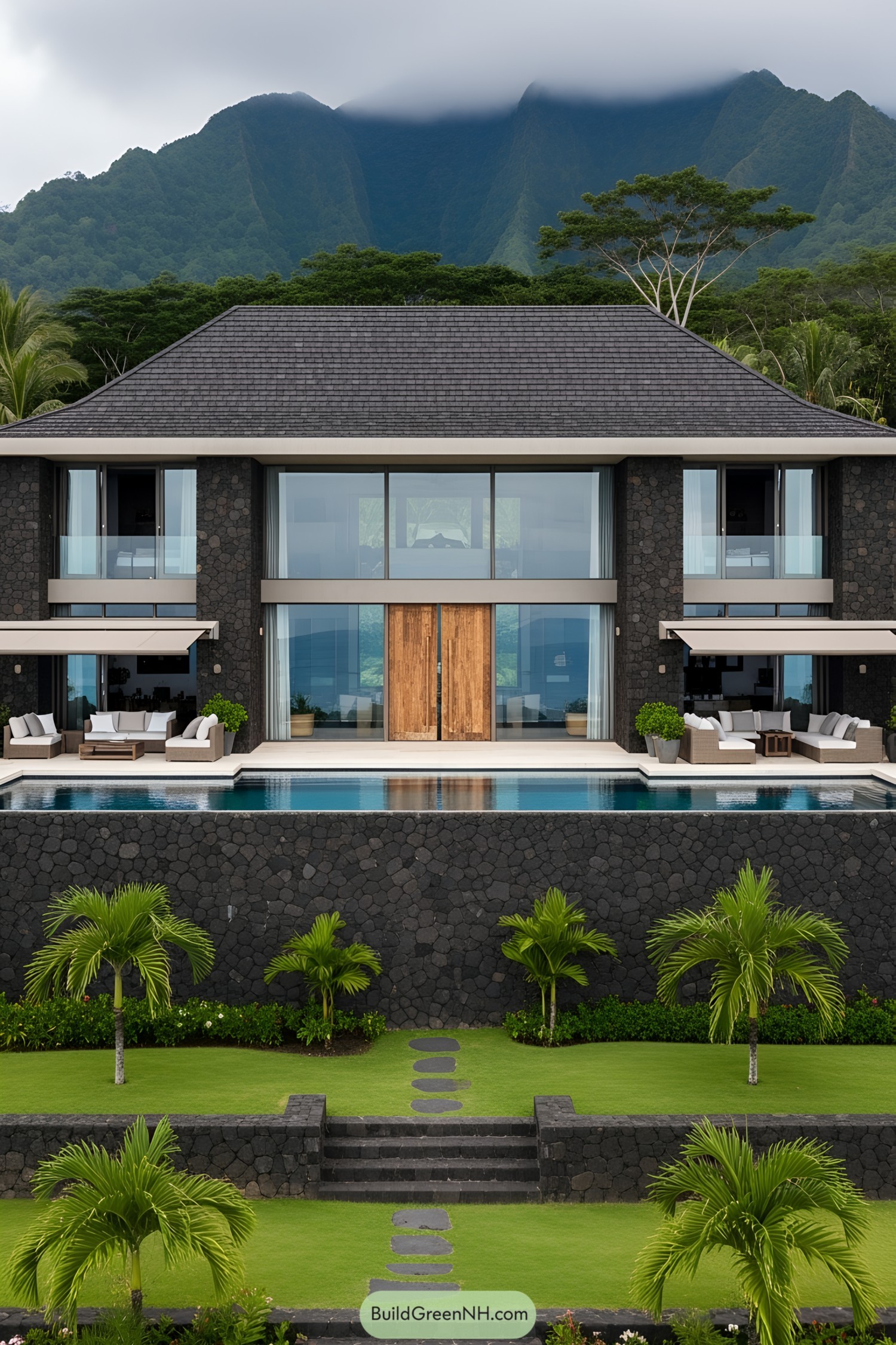 Modern house with volcanic stone facade and lush surroundings