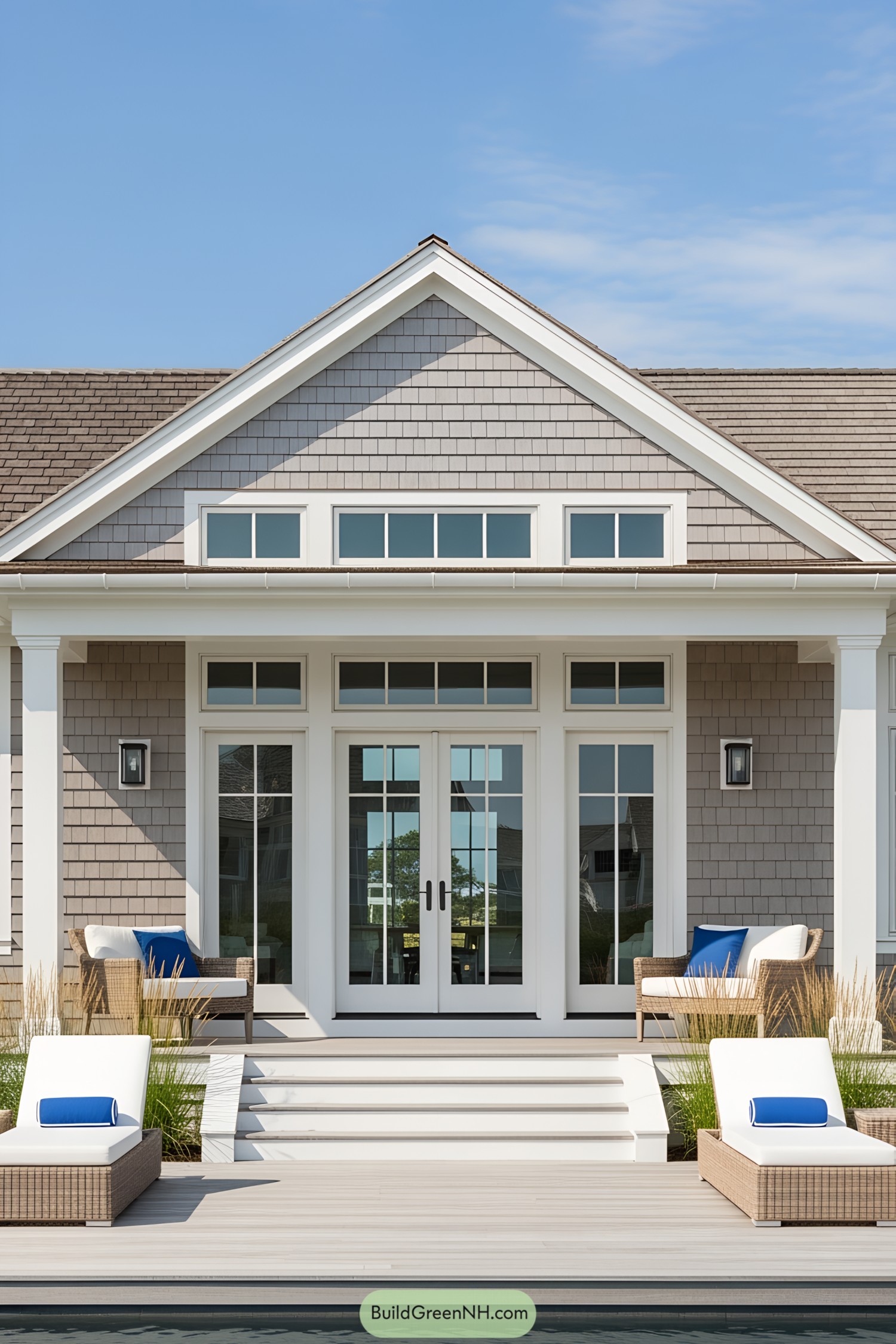 A charming poolside cabana with a classic roof and inviting seating