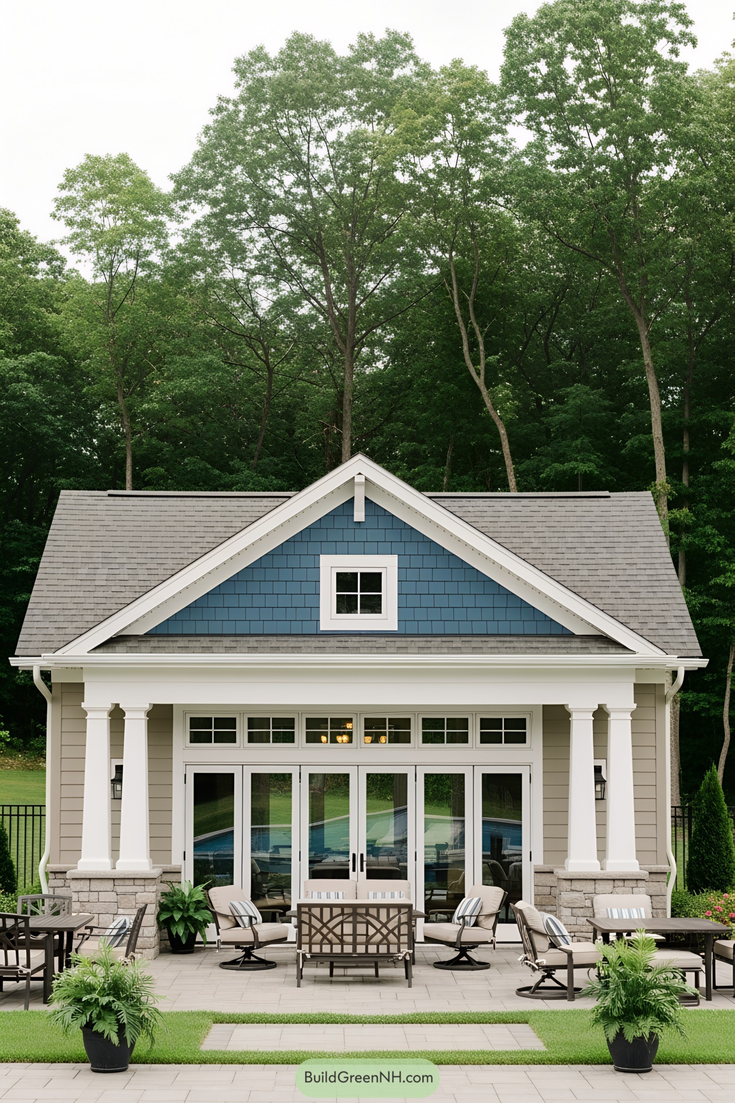 Charming cabana with white pillars and lush green surroundings
