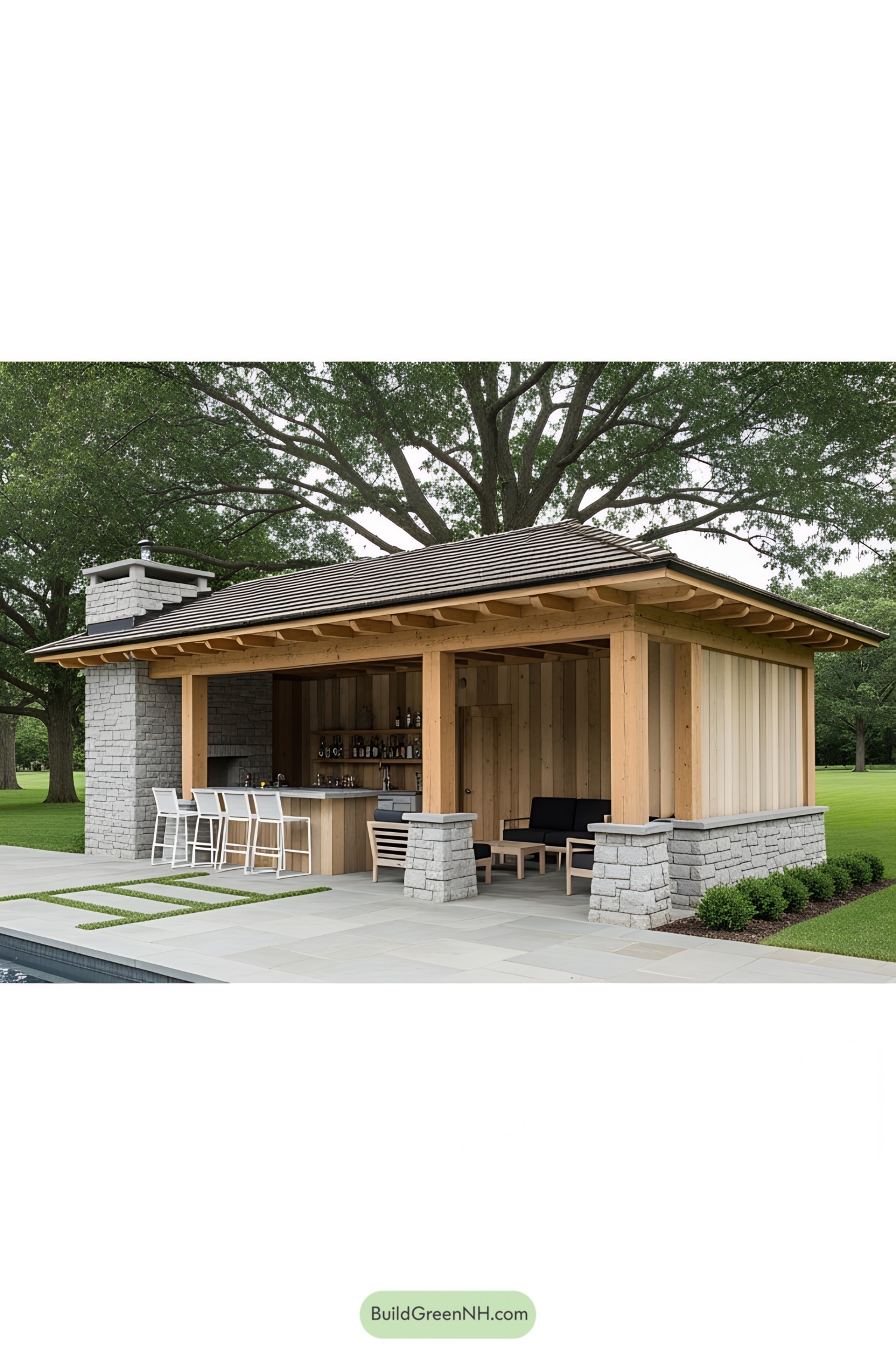 Chic poolside cabana with bar and seating area
