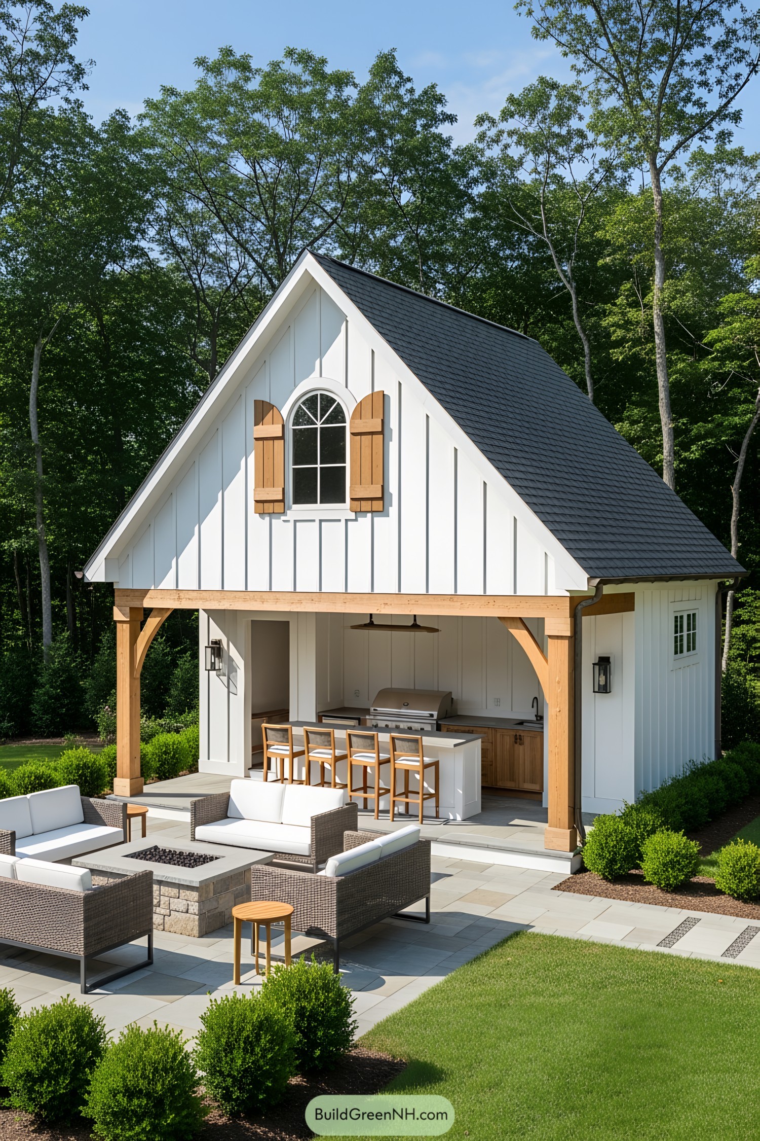 White and wood cabana with outdoor seating