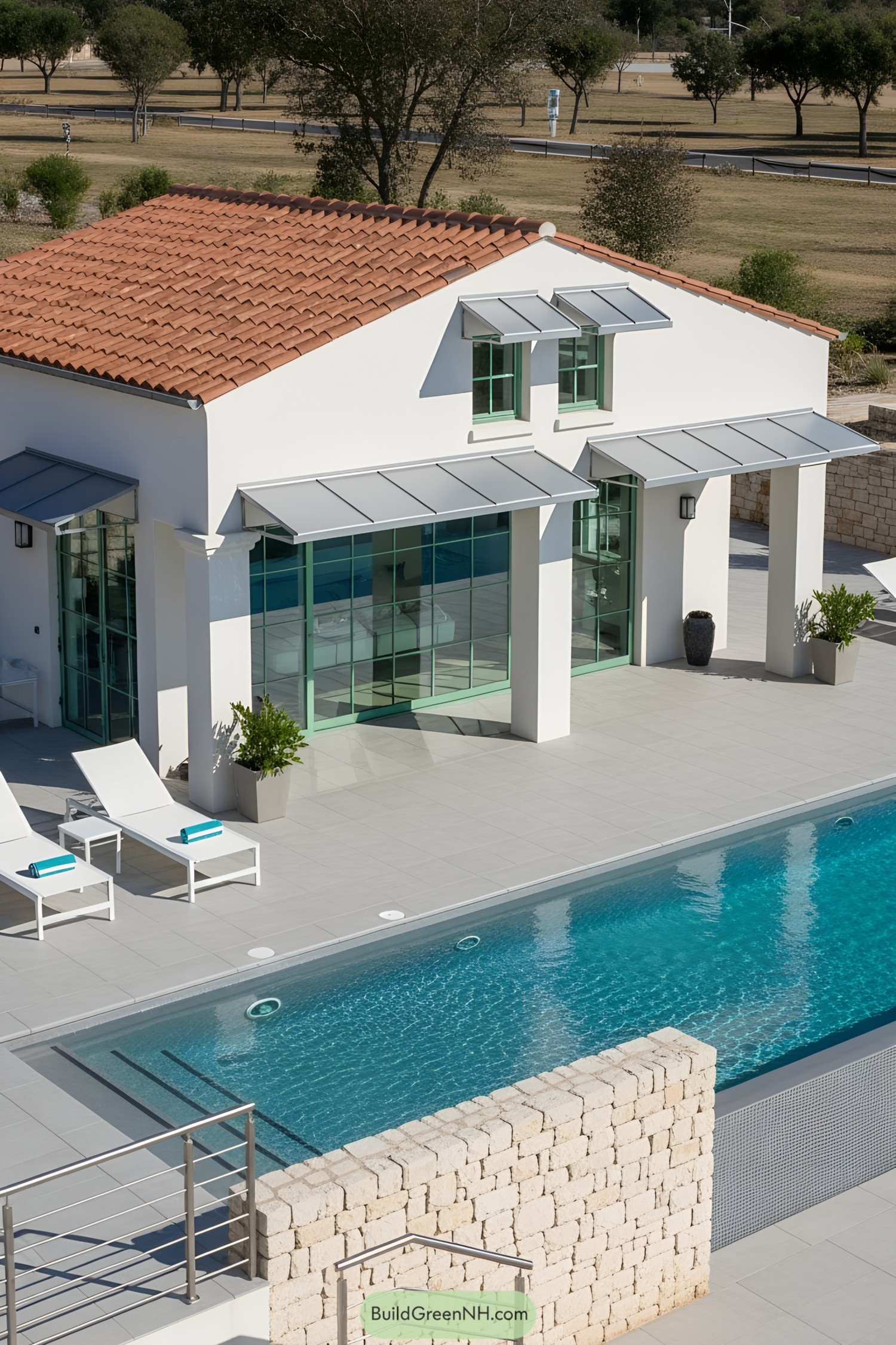 Modern pool house with white walls and red-tiled roof by the pool