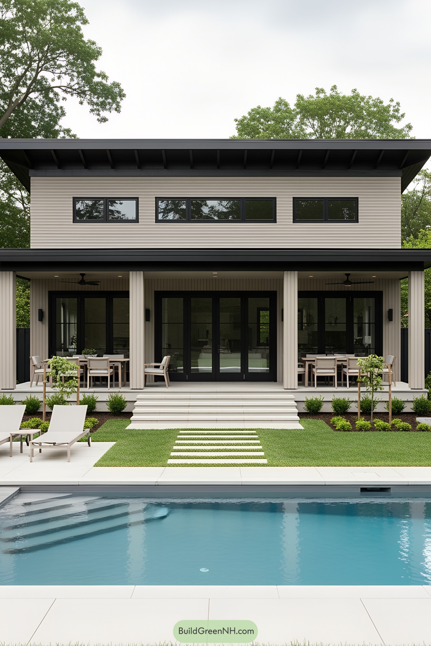 Modern pool house with spacious patio and seating