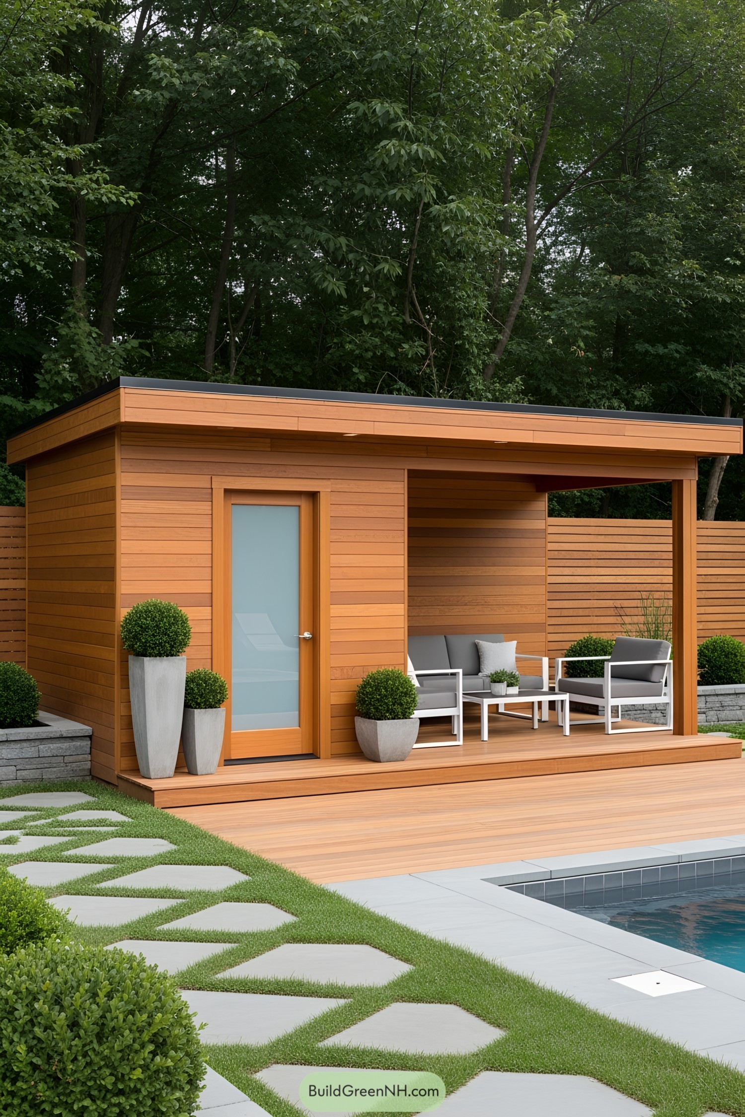 Cozy wooden cabana with outdoor seating