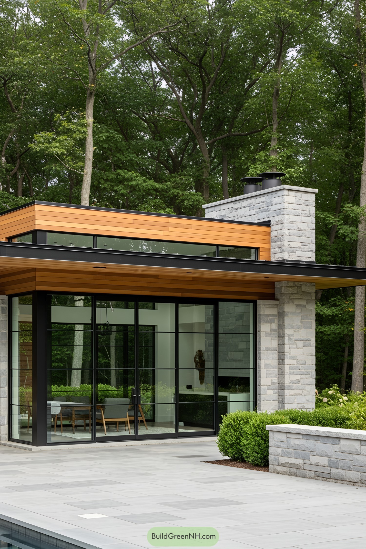 Modern pool house with glass walls and wooden accents