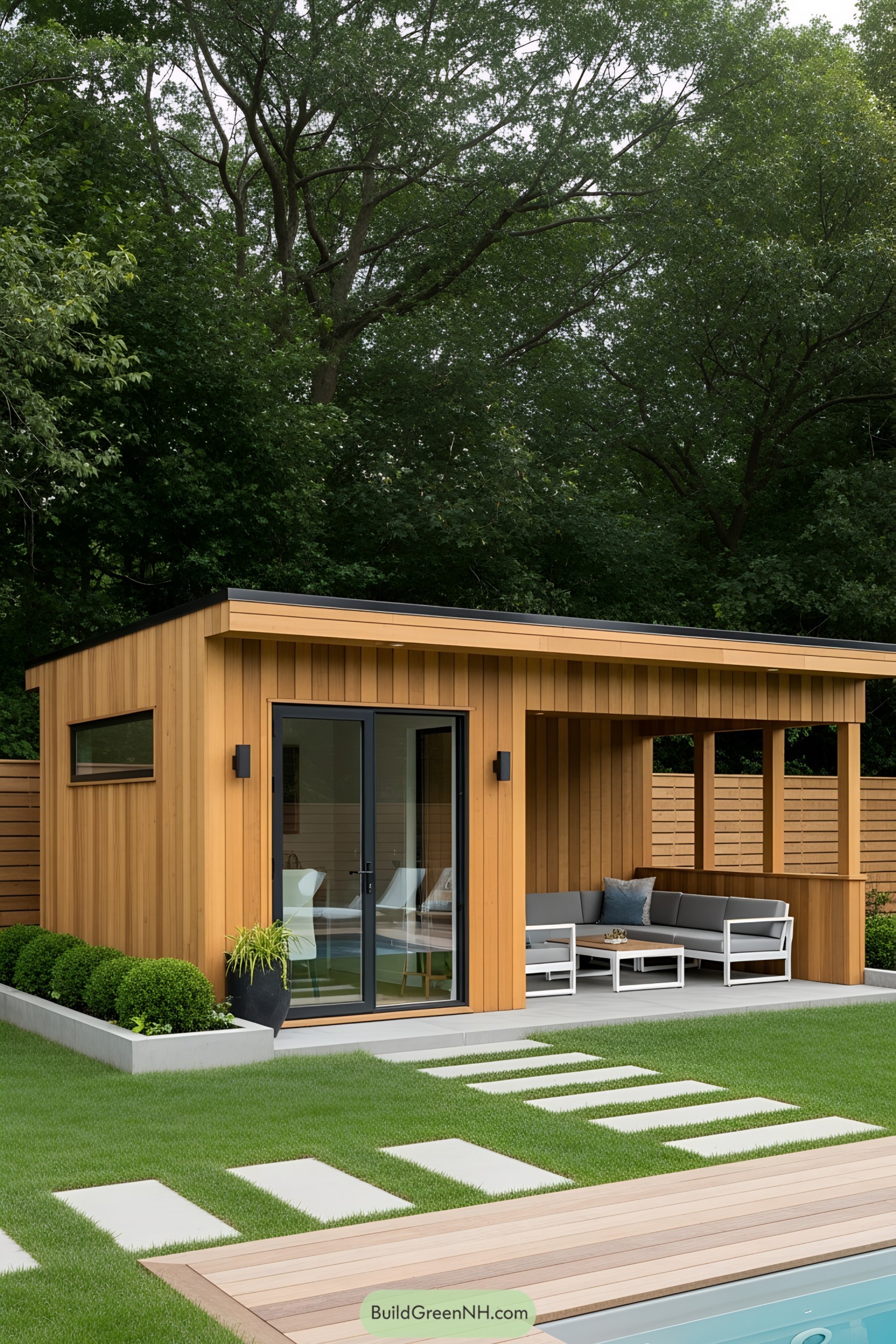 Cedar-clad pool house with a seating area