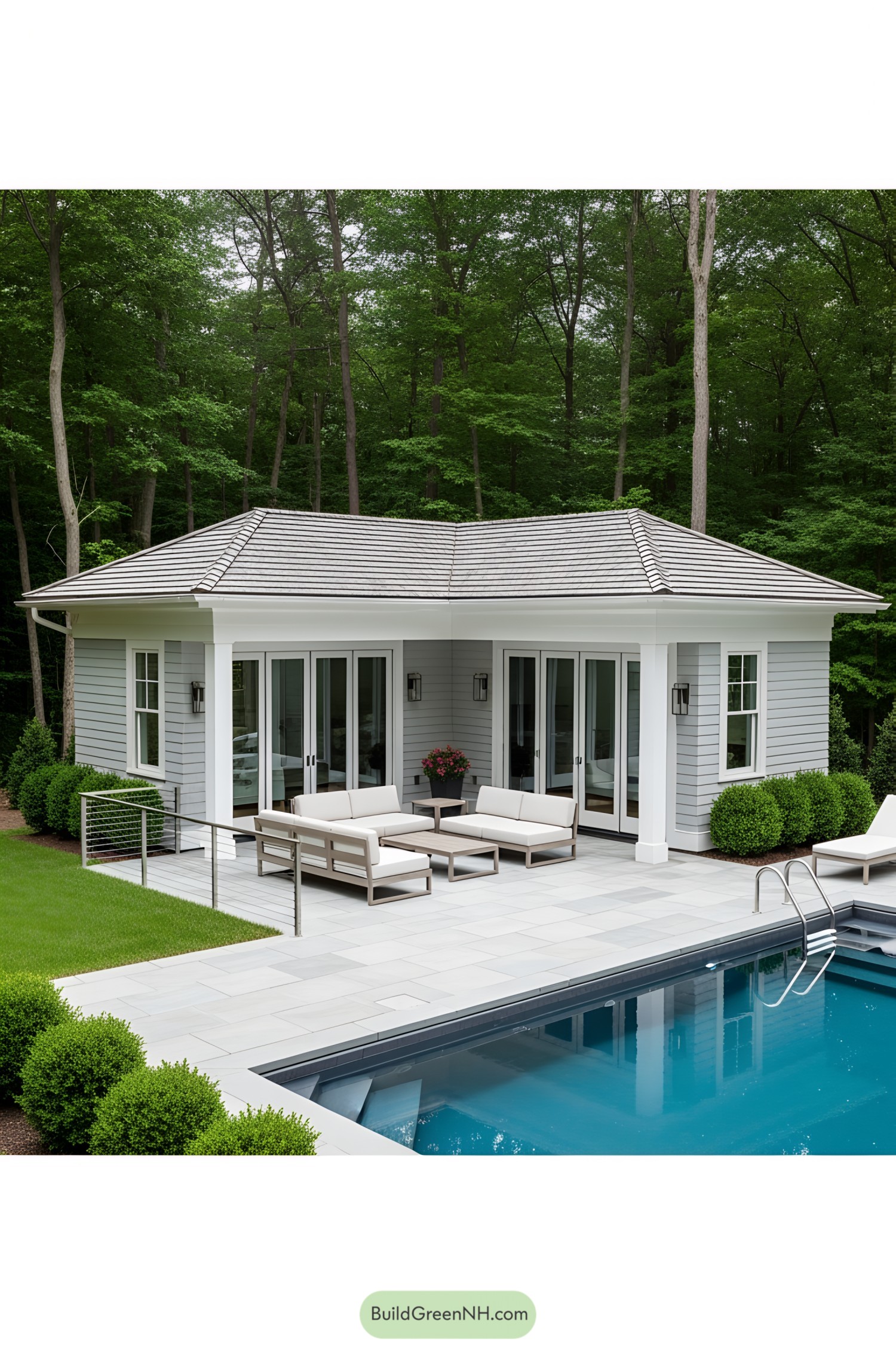 Stylish pool house with inviting seating area