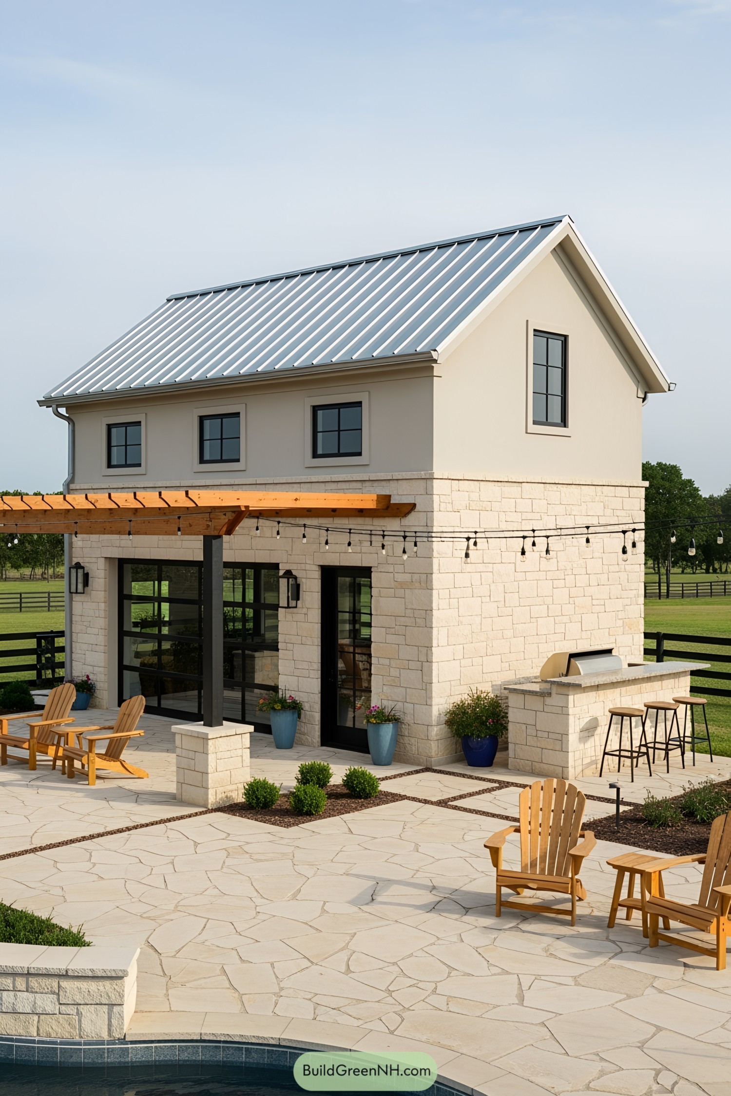 Modern stone cabana with outdoor seating