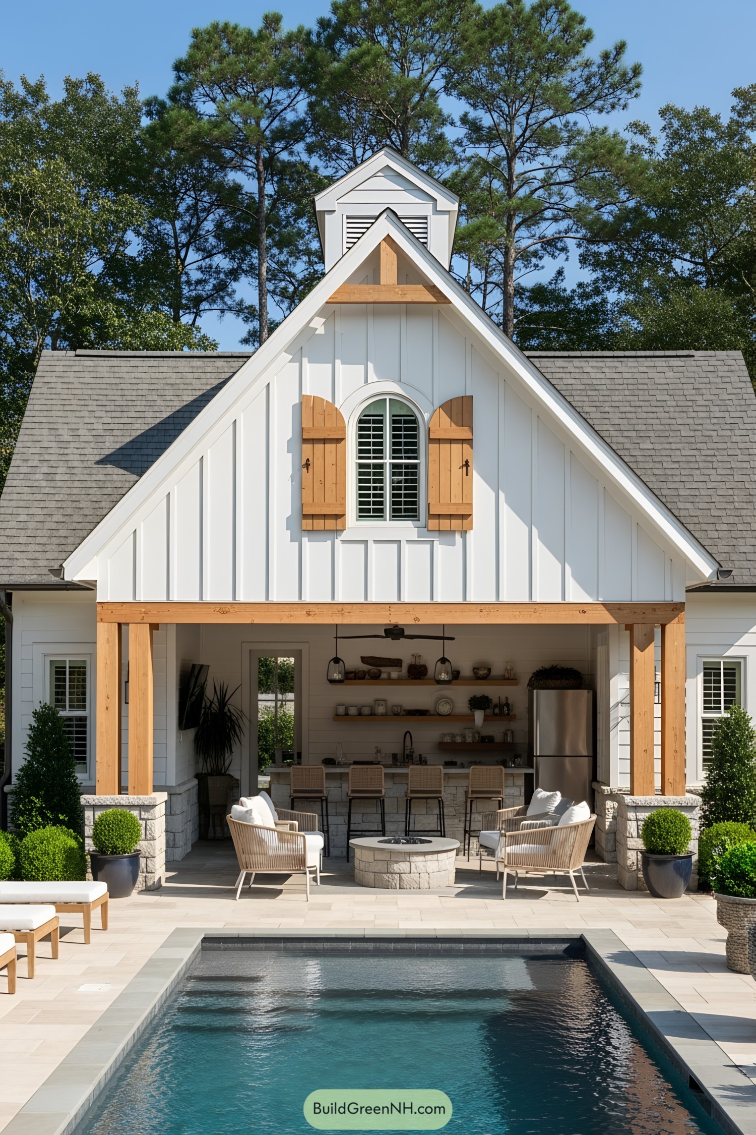 Poolside cabana with open-air seating and kitchenette