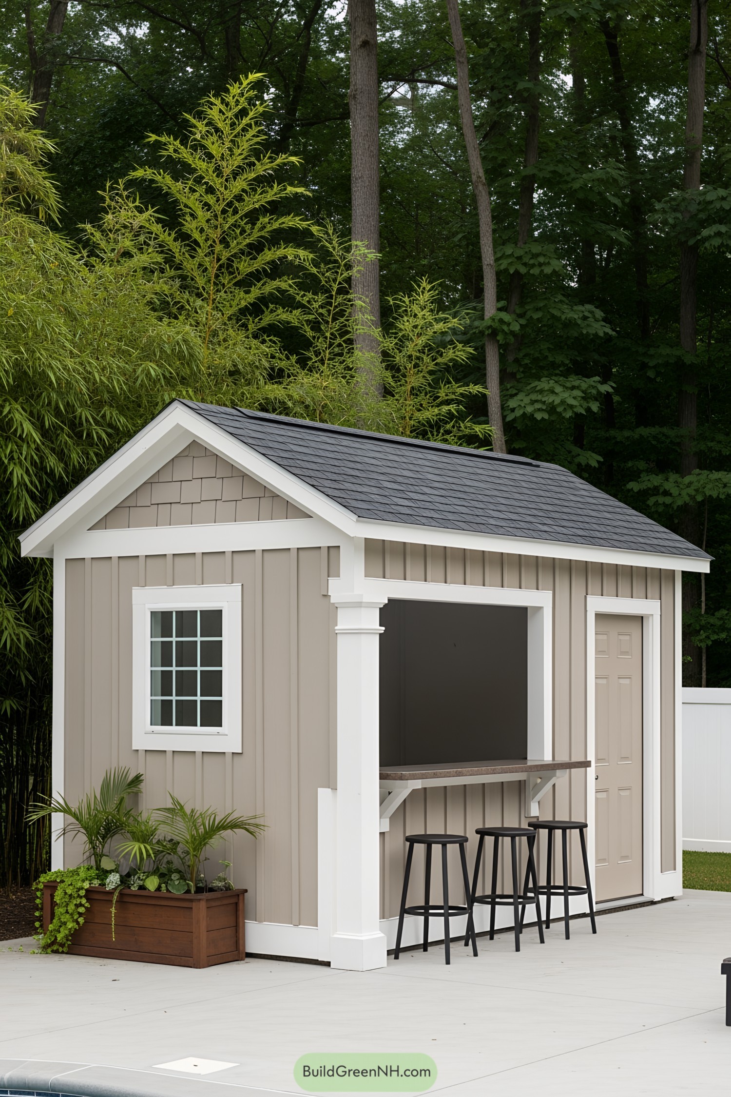 Compact cabana with a bar and stools by a pool