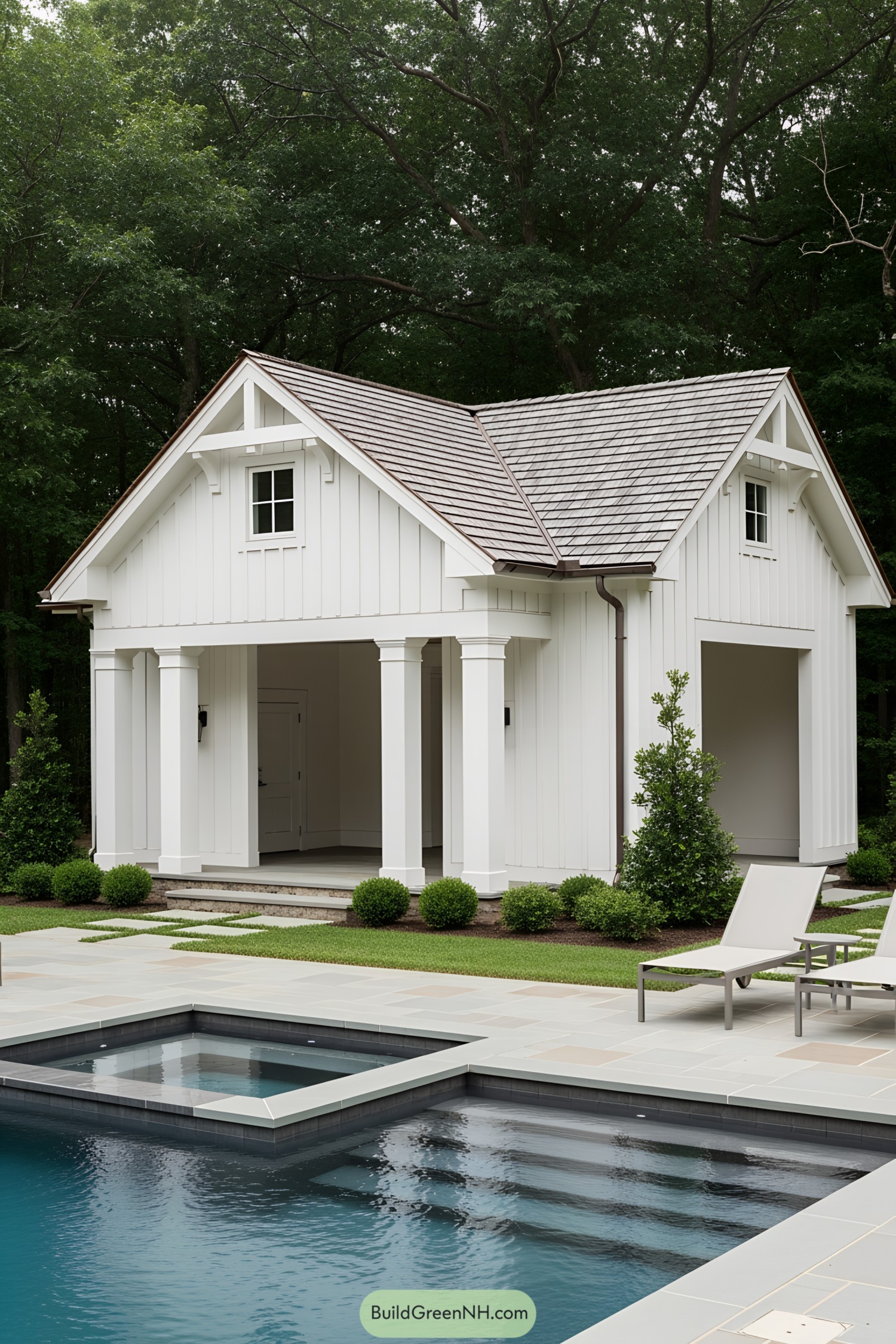 White poolside structure with a pointed roof in lush surroundings