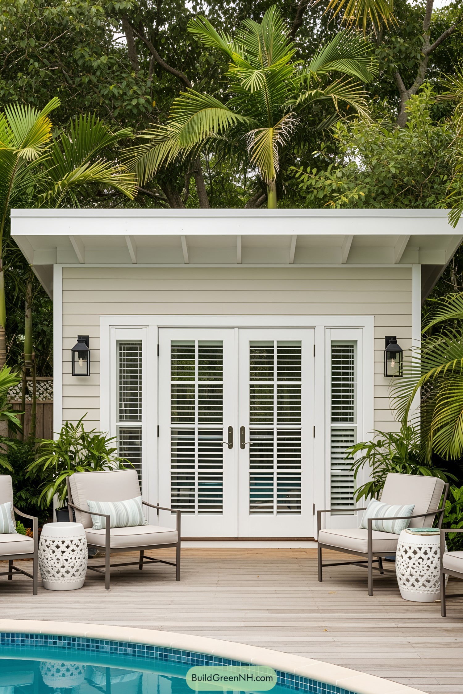 Pool house with white-framed doors and surrounding plants