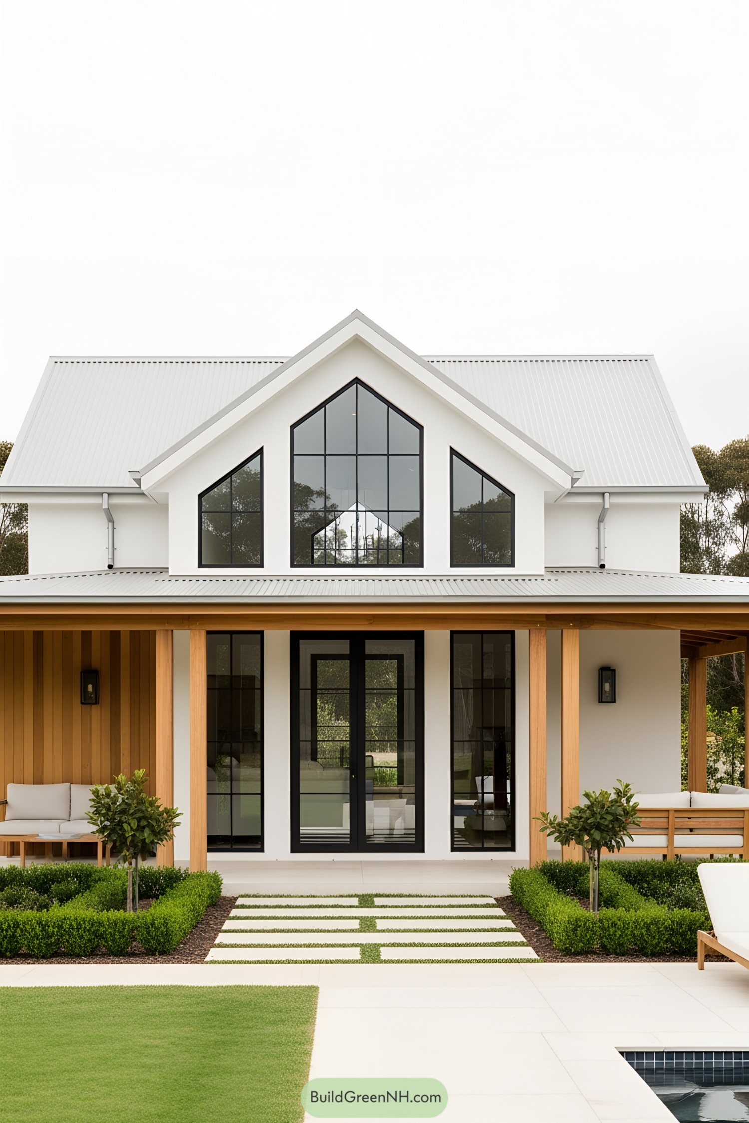 Modern poolside house with large windows and cozy seating