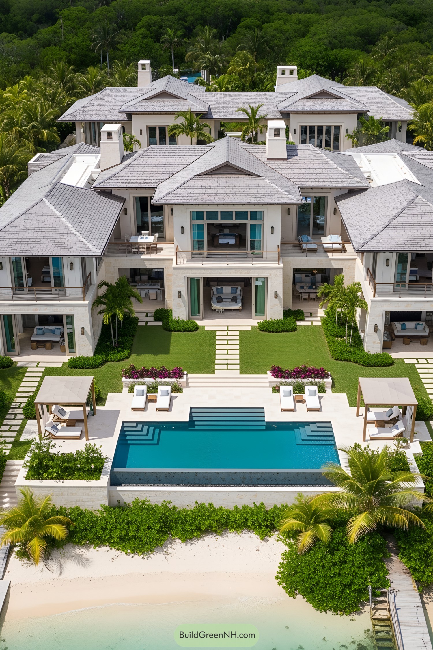 Expansive villa with pool, lush garden, and beachfront