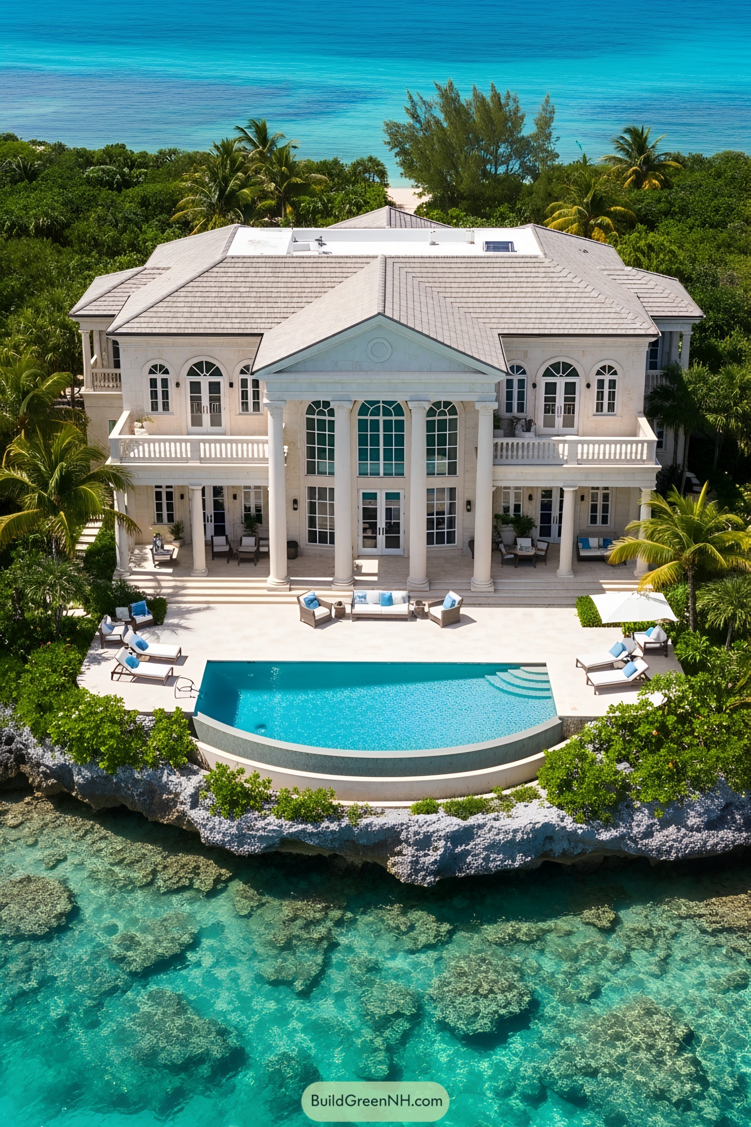 Grand mansion with ocean-view pool and lush surroundings