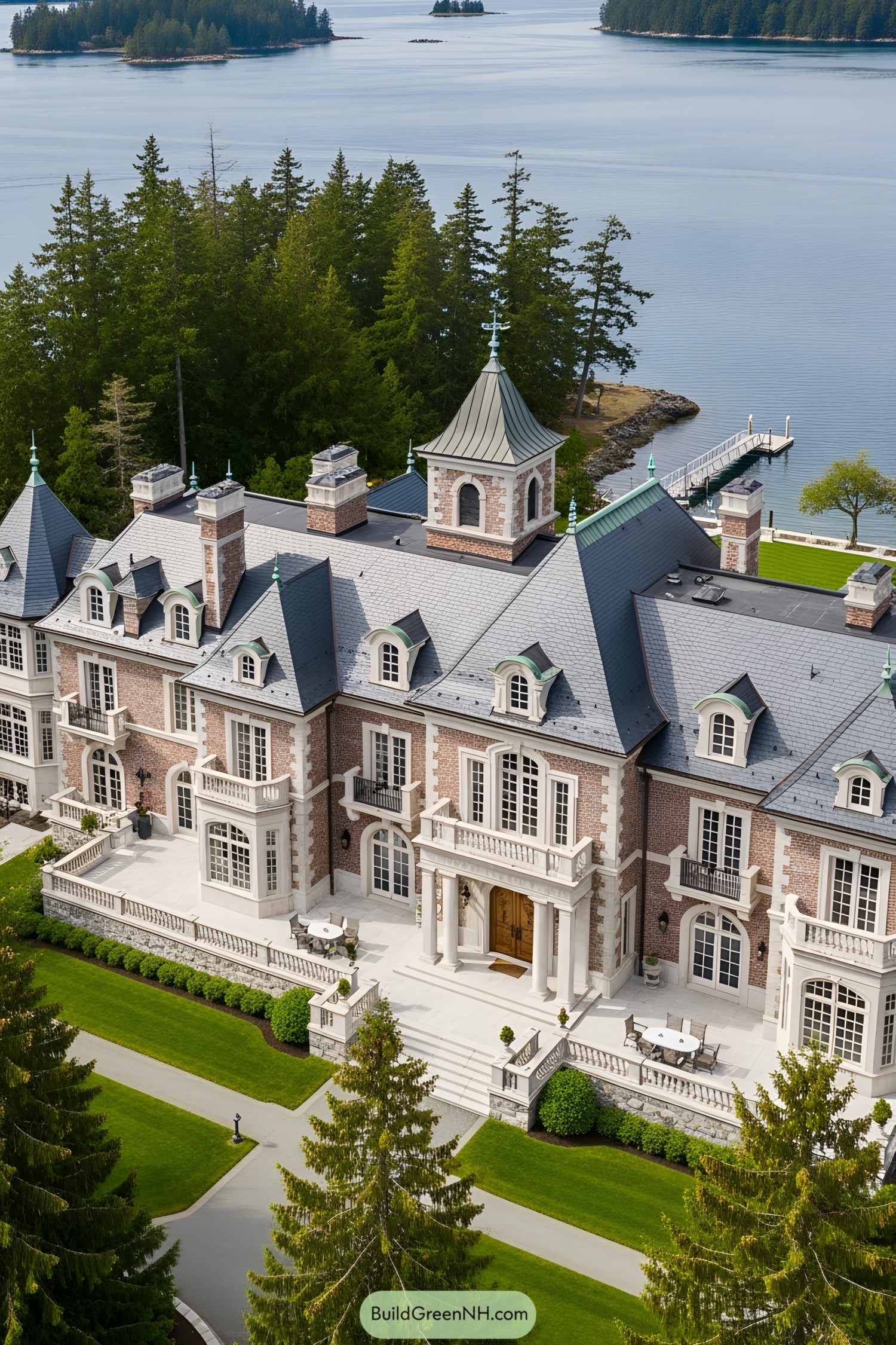 Elegant mansion with a dock and lush greenery