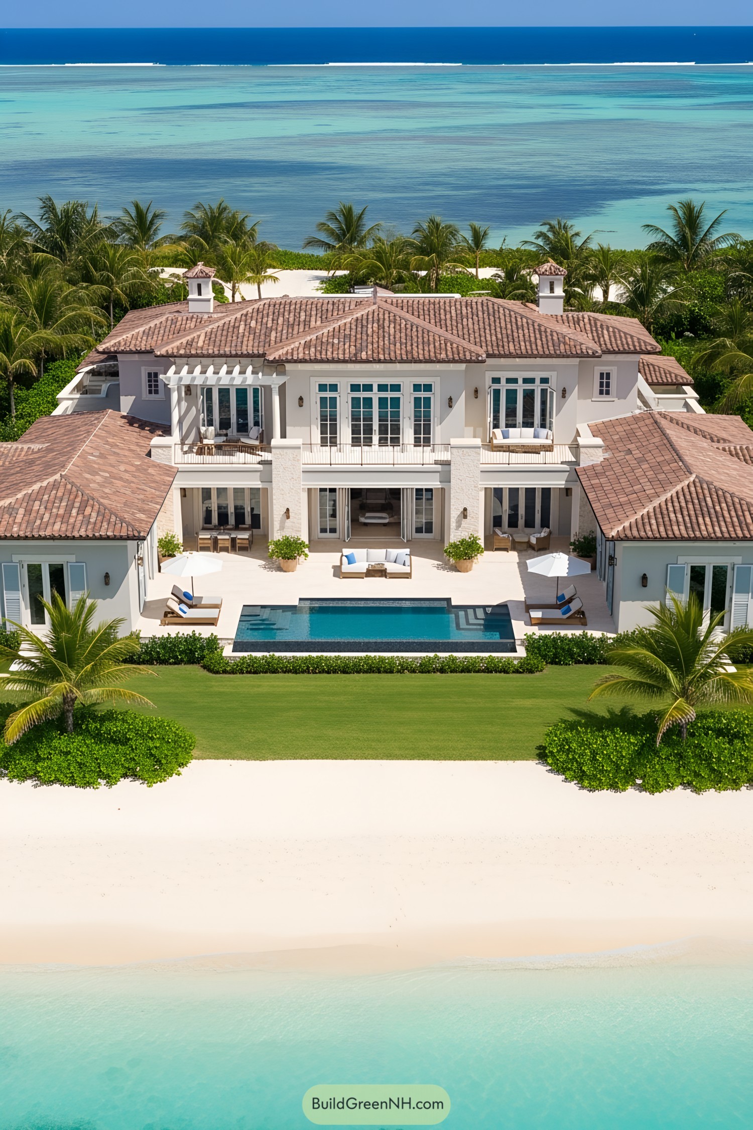 Luxurious beachfront mansion with palm trees and ocean view