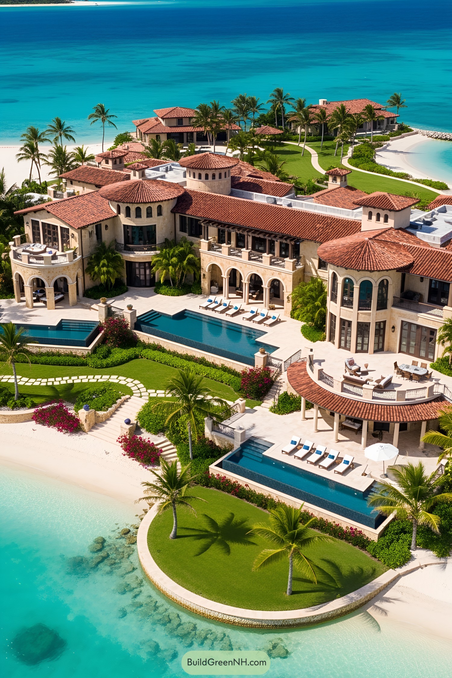 Luxury beachfront mansion with palm trees and turquoise waters