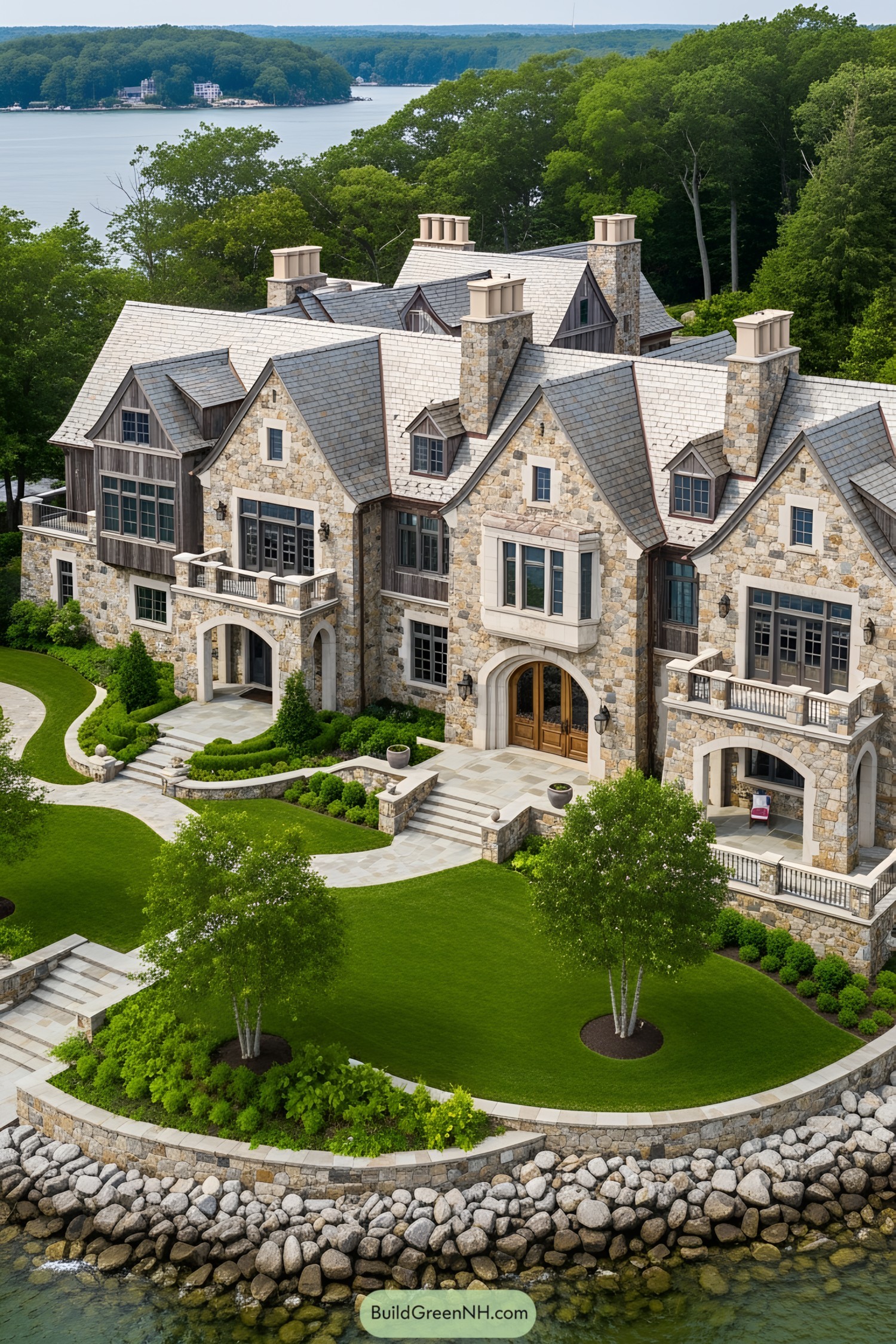Luxurious stone mansion on a private island with manicured gardens