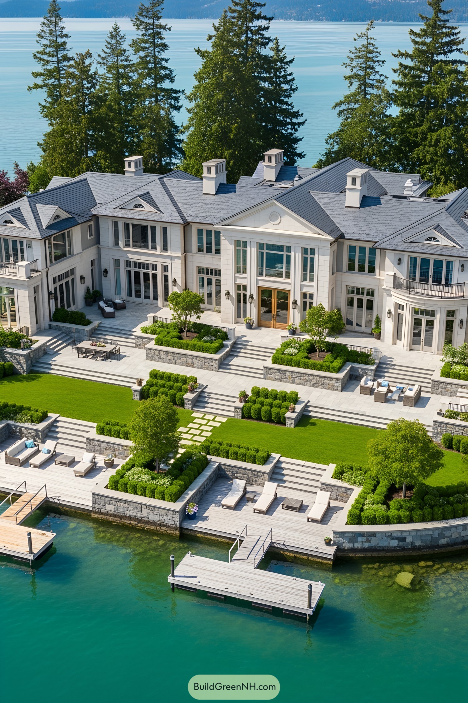Luxurious mansion with a waterfront view